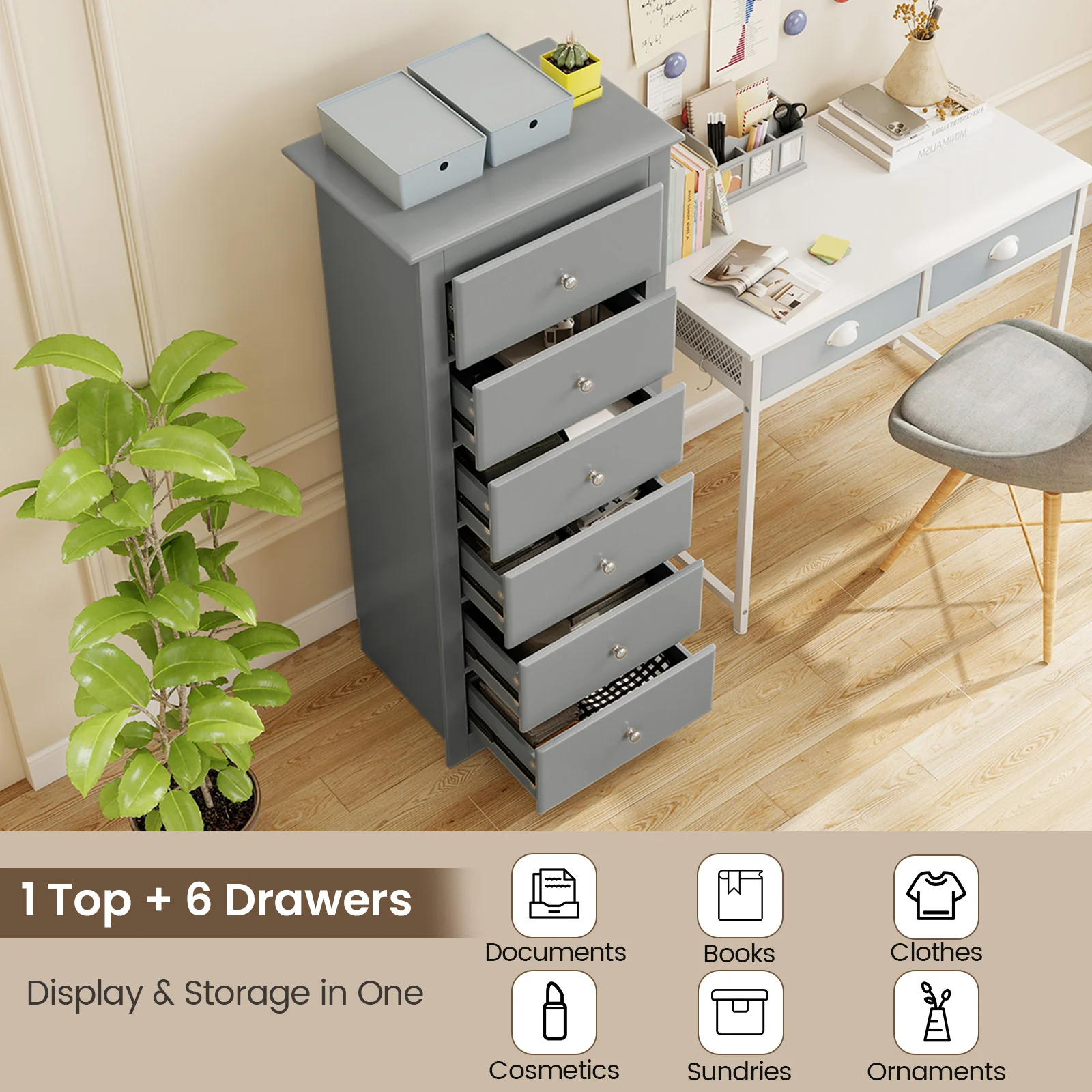 6 Drawers Chest Dresser, Bedroom Furniture Cabinet, Gray - Image 7
