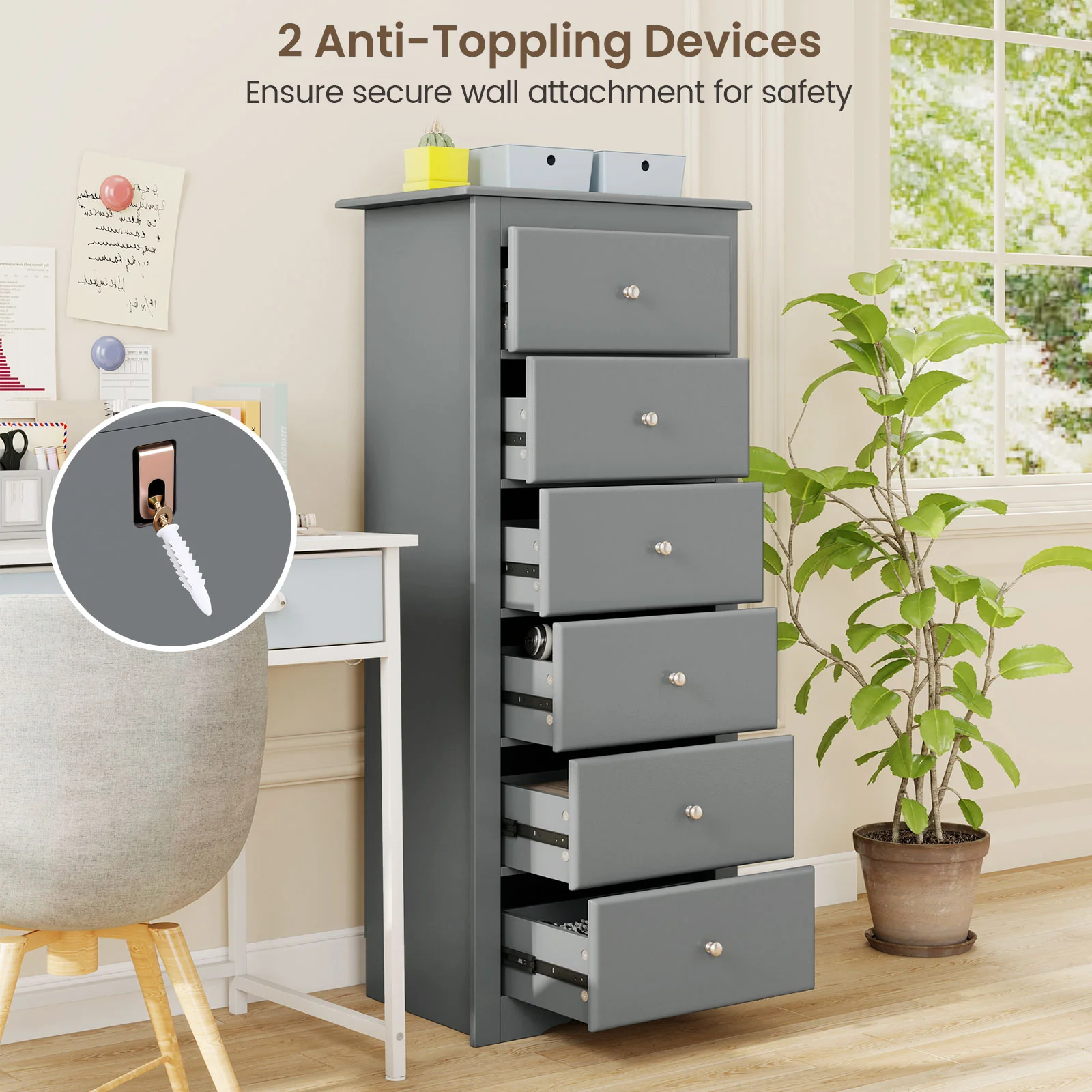 6 Drawers Chest Dresser, Bedroom Furniture Cabinet, Gray - Image 8