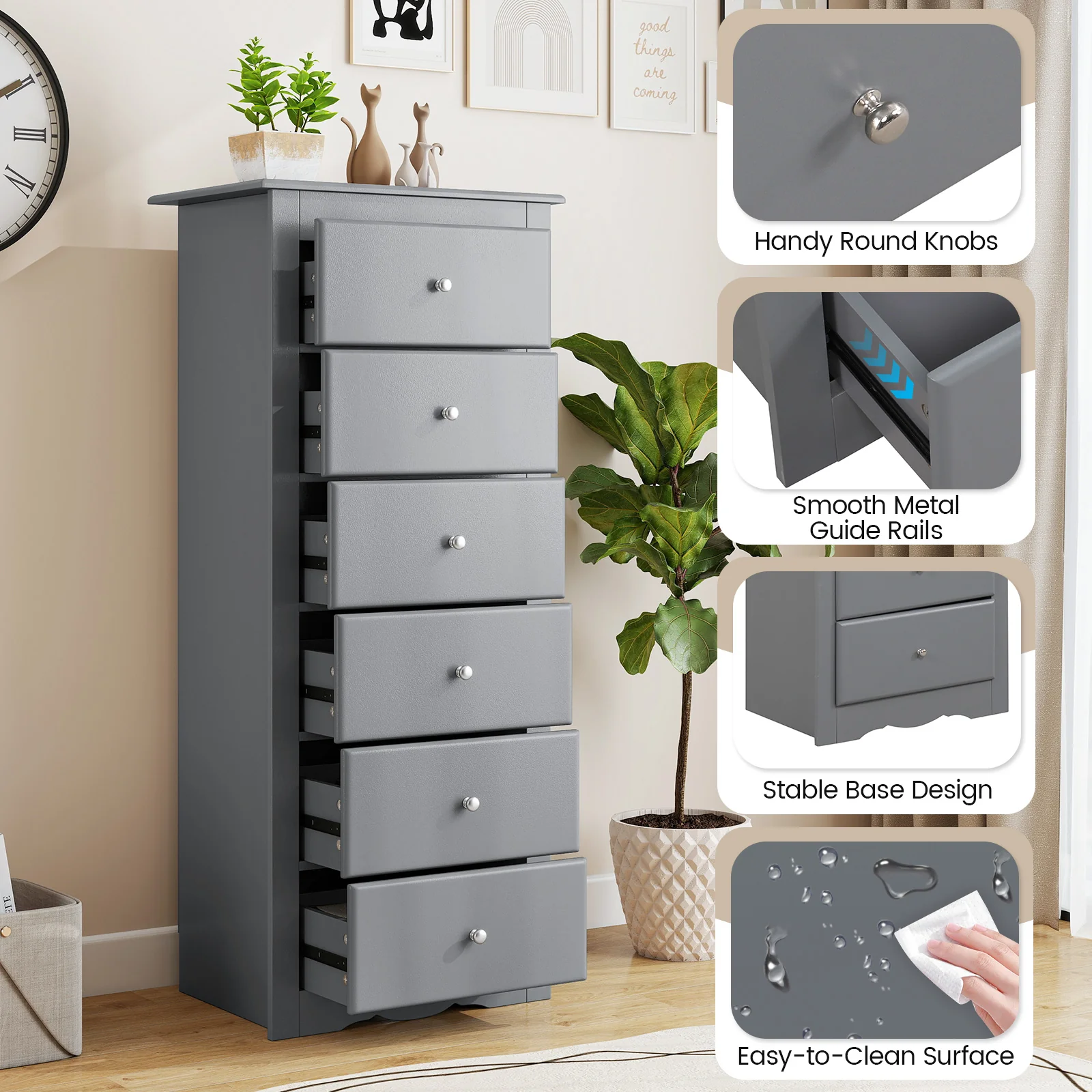 6 Drawers Chest Dresser, Bedroom Furniture Cabinet, Gray - Image 9