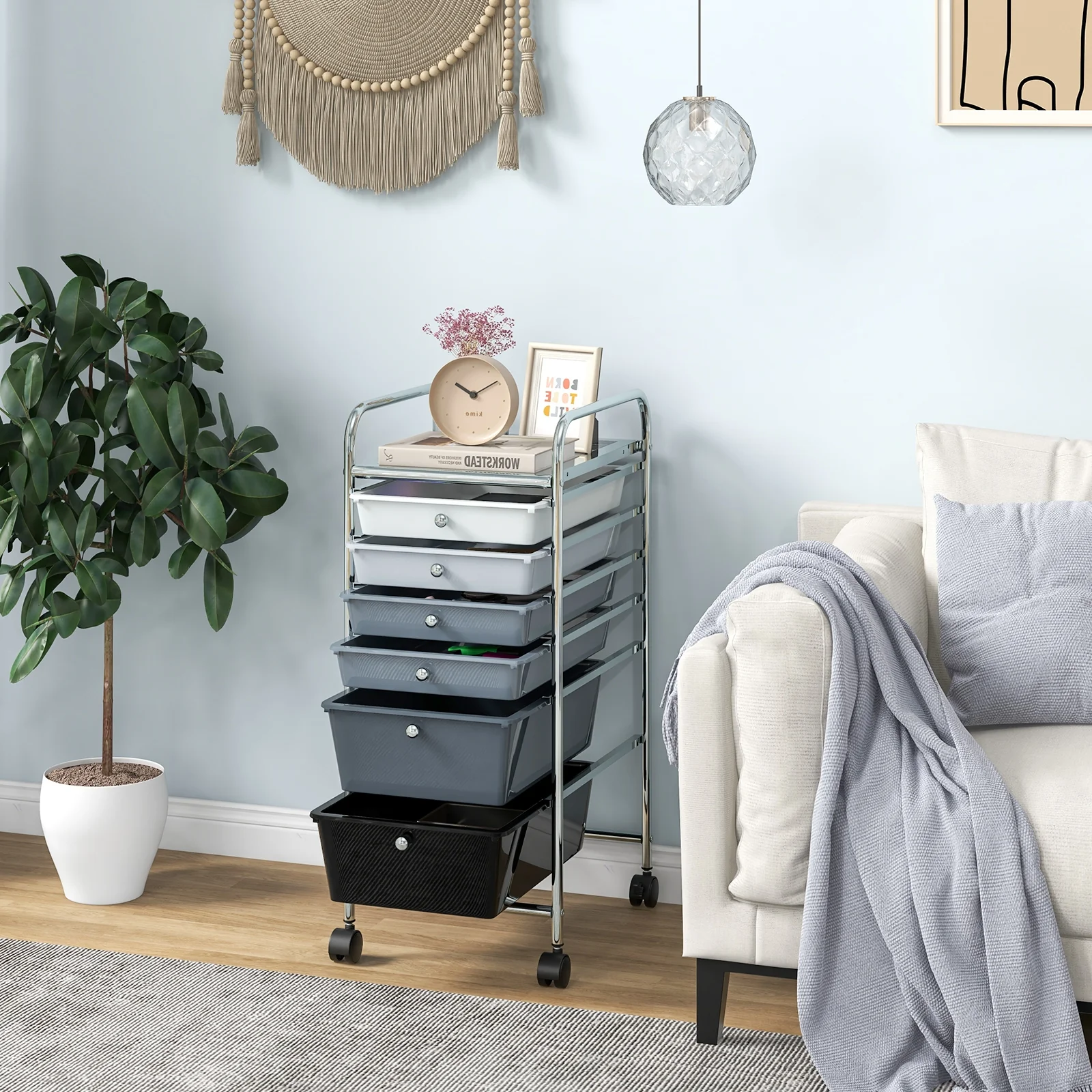 6 Drawers Rolling Storage Cart Organizer, Gray, Black - Image 2