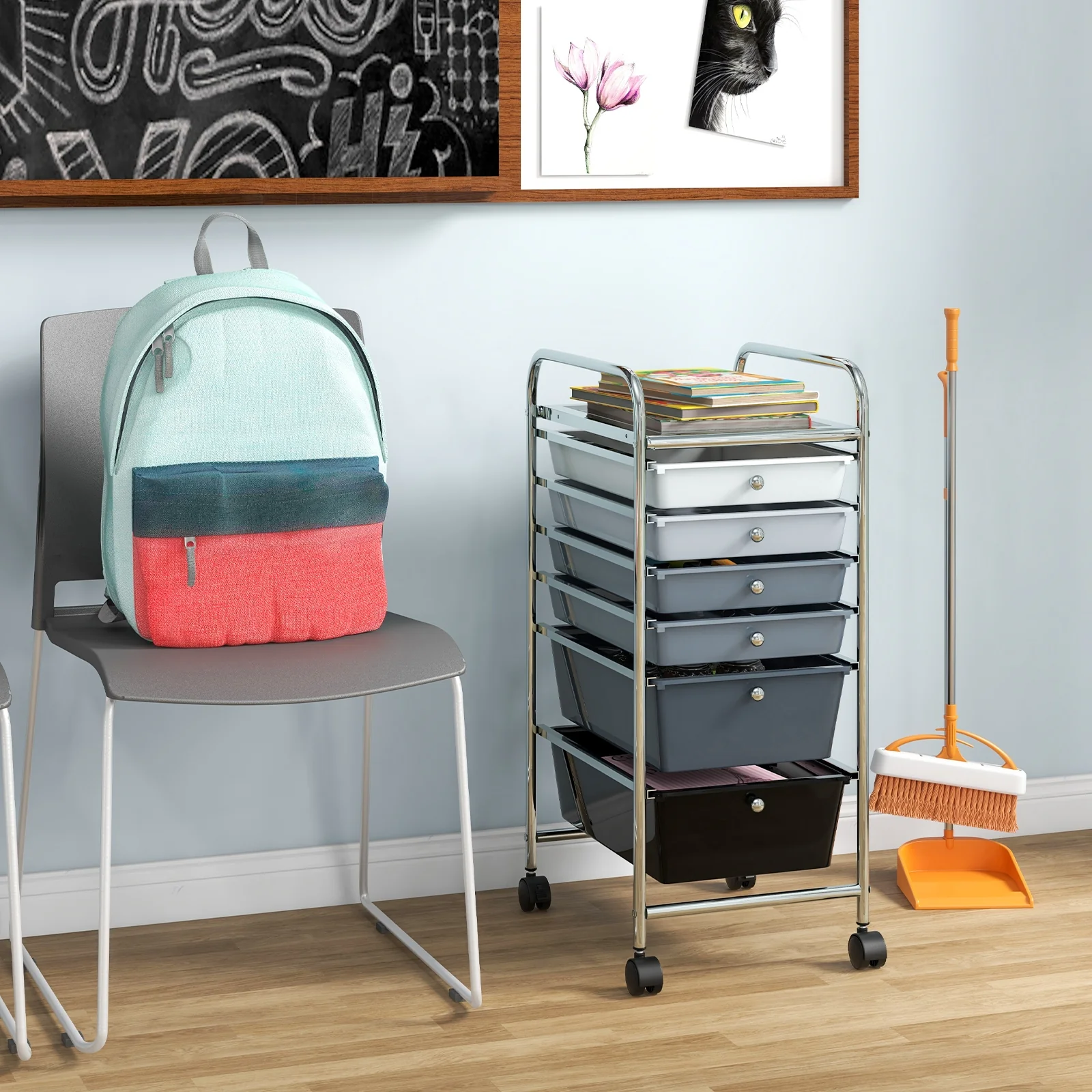 6 Drawers Rolling Storage Cart Organizer, Gray, Black - Image 3