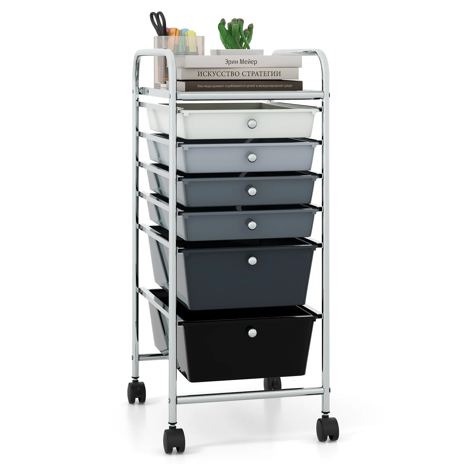 6 Drawers Rolling Storage Cart Organizer, Gray, Black - Image 5