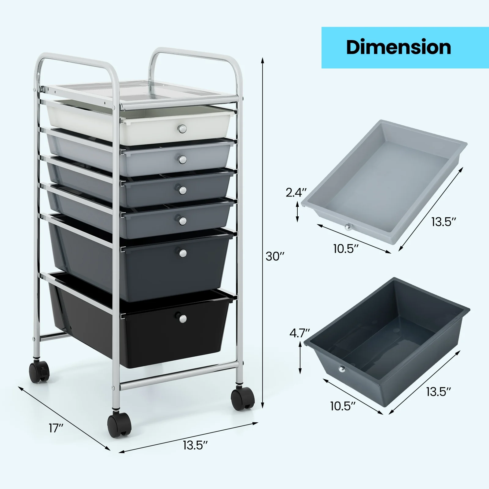 6 Drawers Rolling Storage Cart Organizer, Gray, Black - Image 6