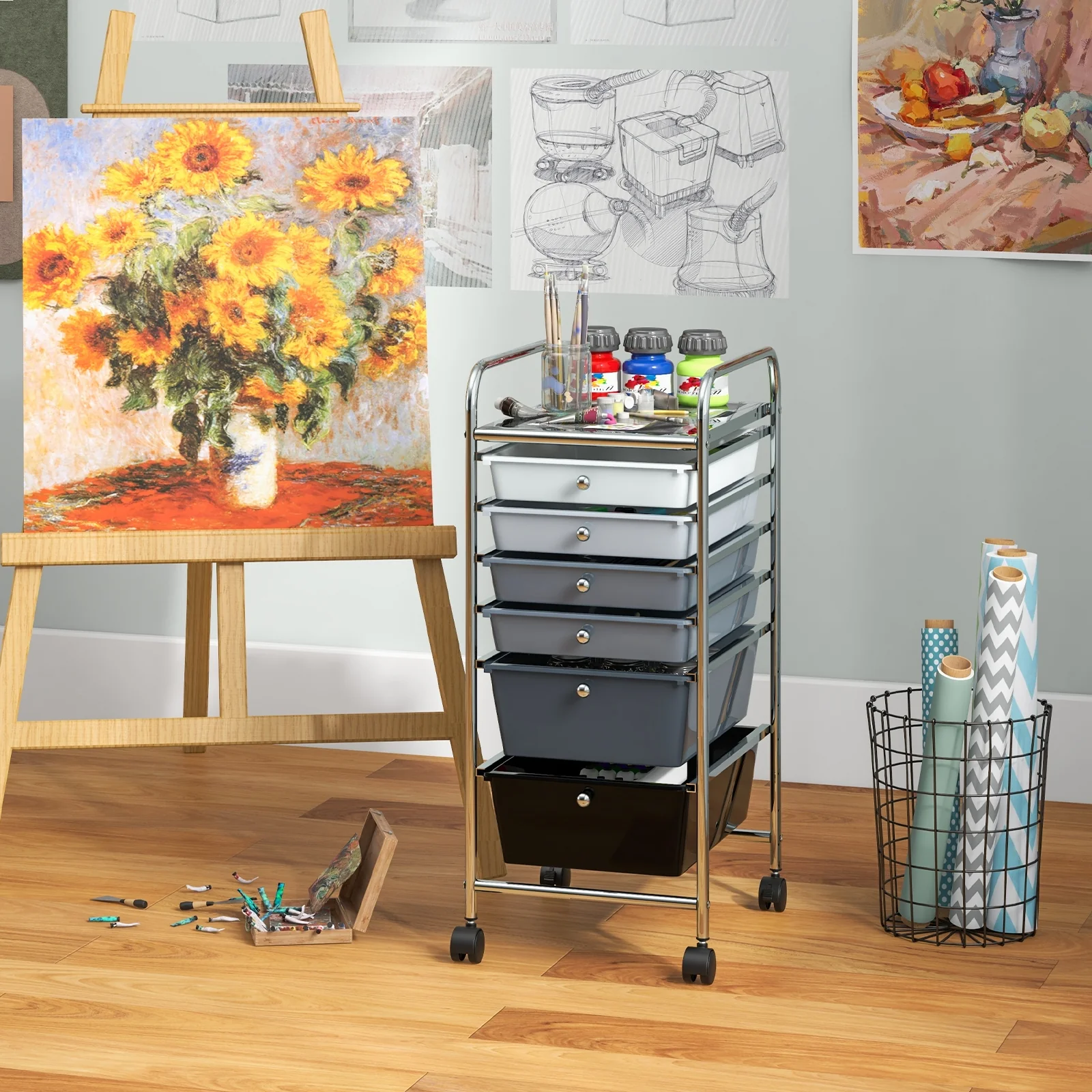 6 Drawers Rolling Storage Cart Organizer, Gray, Black - Image 7