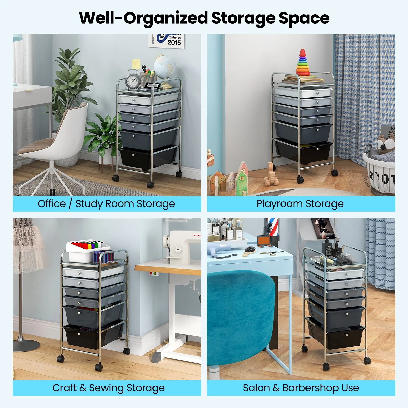 6 Drawers Rolling Storage Cart Organizer, Gray, Black - Image 8