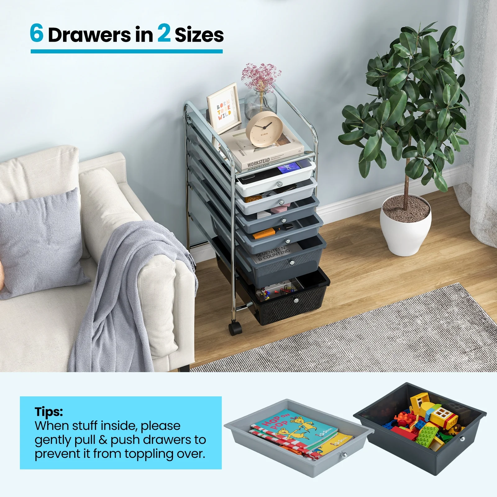 6 Drawers Rolling Storage Cart Organizer, Gray, Black - Image 9