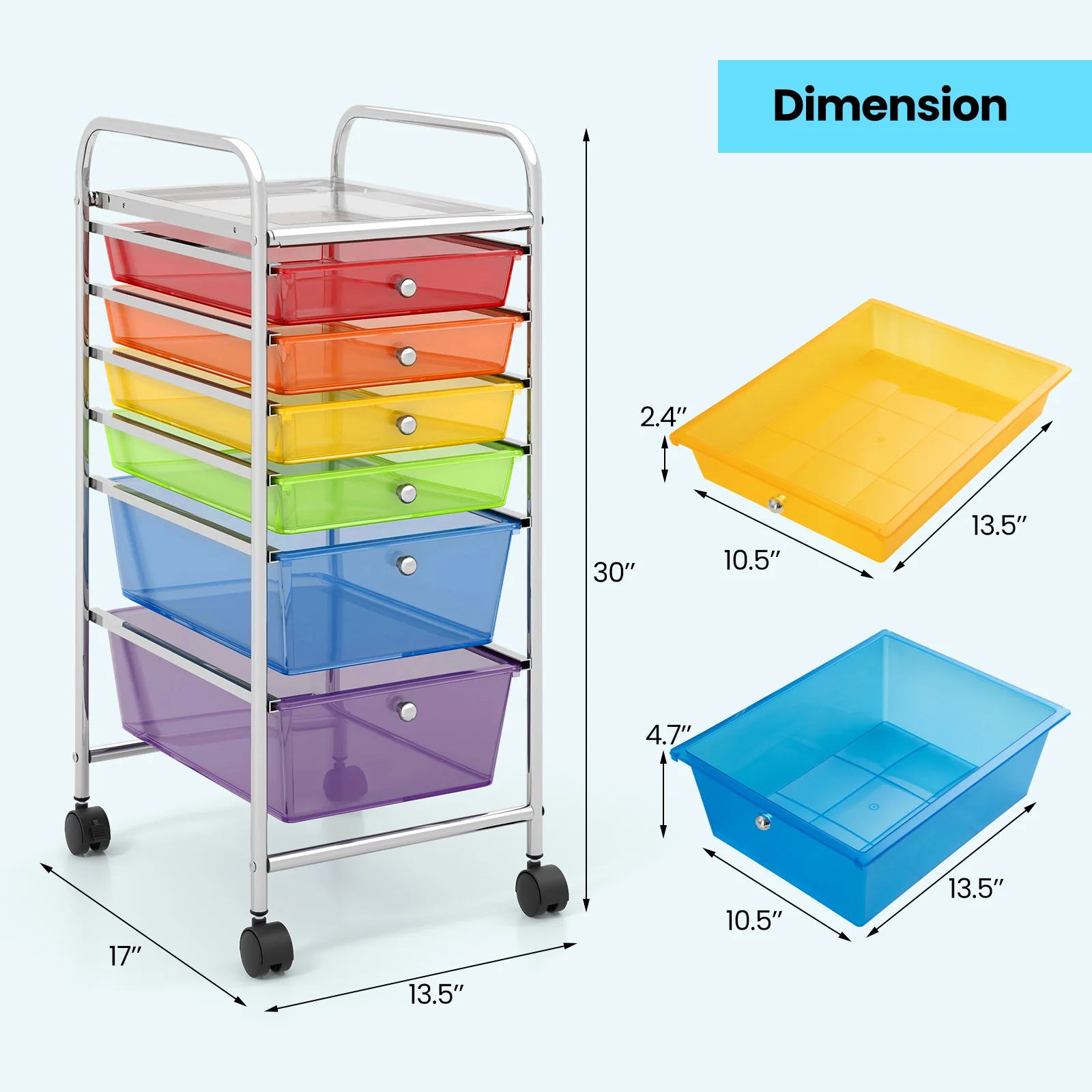 6 Drawers Rolling Storage Cart Organizer, Multicolor, Transparent - Image 6
