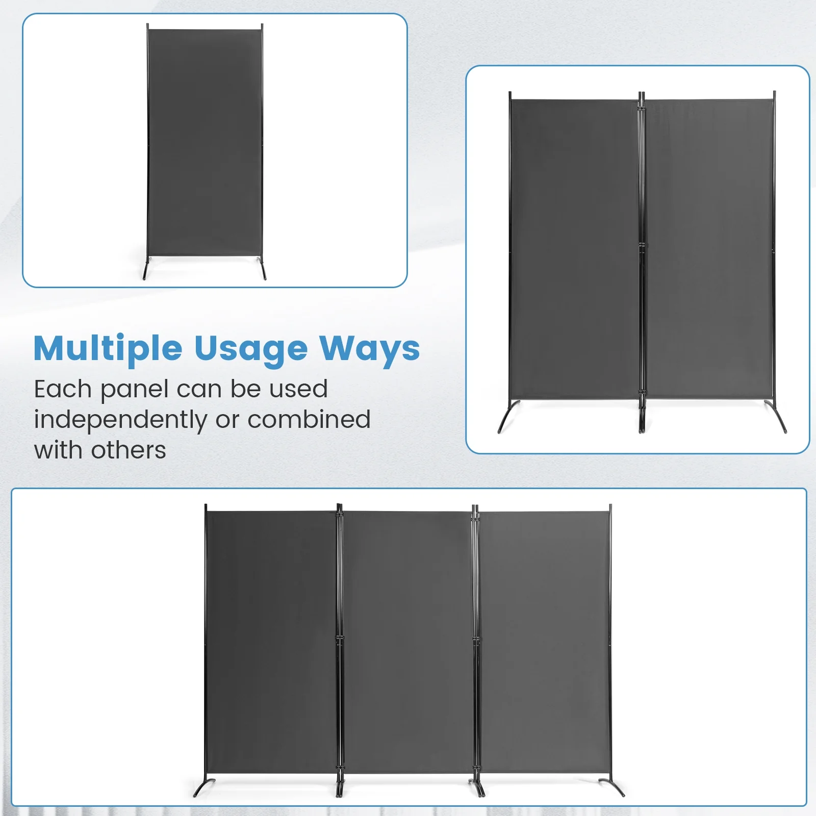 6 Feet 3 Panel Room Divider, Durable Hinges Steel Base, Gray - Image 10