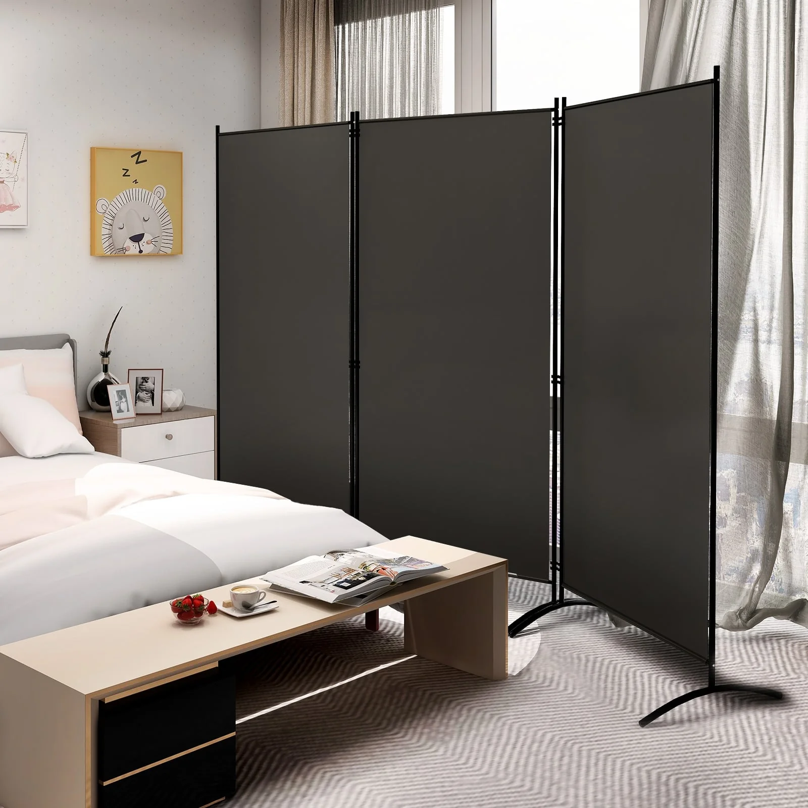 6 Feet 3 Panel Room Divider, Durable Hinges Steel Base, Gray - Image 2