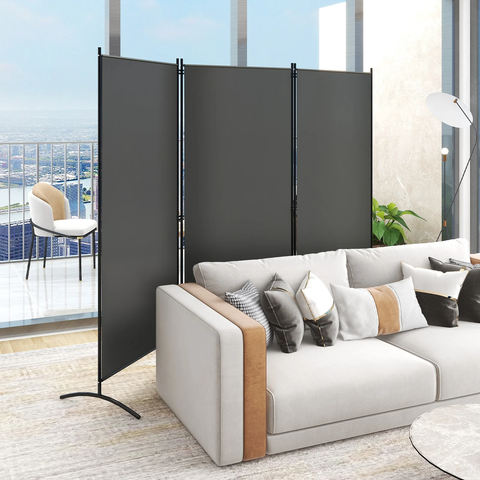 6 Feet 3 Panel Room Divider, Durable Hinges Steel Base, Gray - Image 3