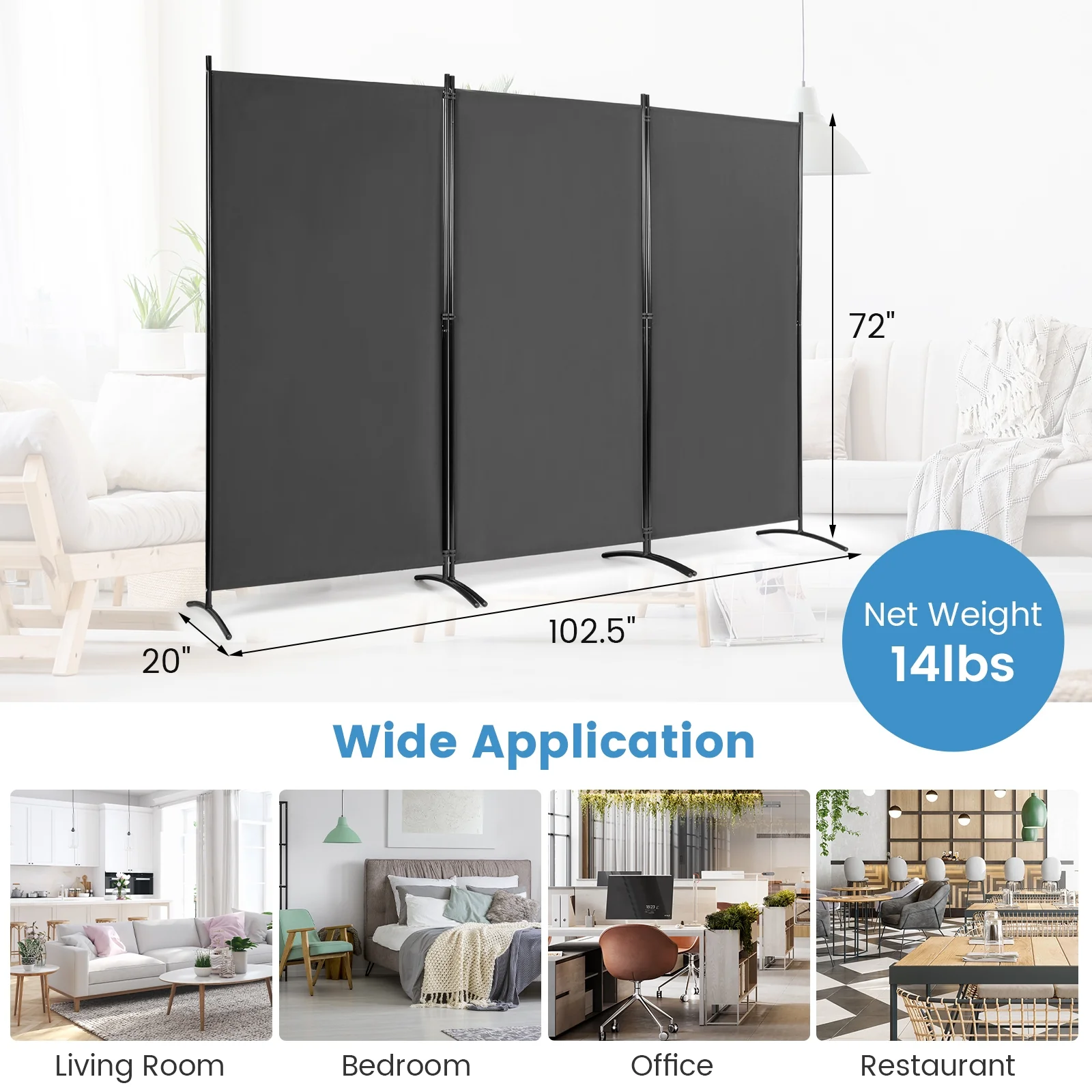 6 Feet 3 Panel Room Divider, Durable Hinges Steel Base, Gray - Image 5