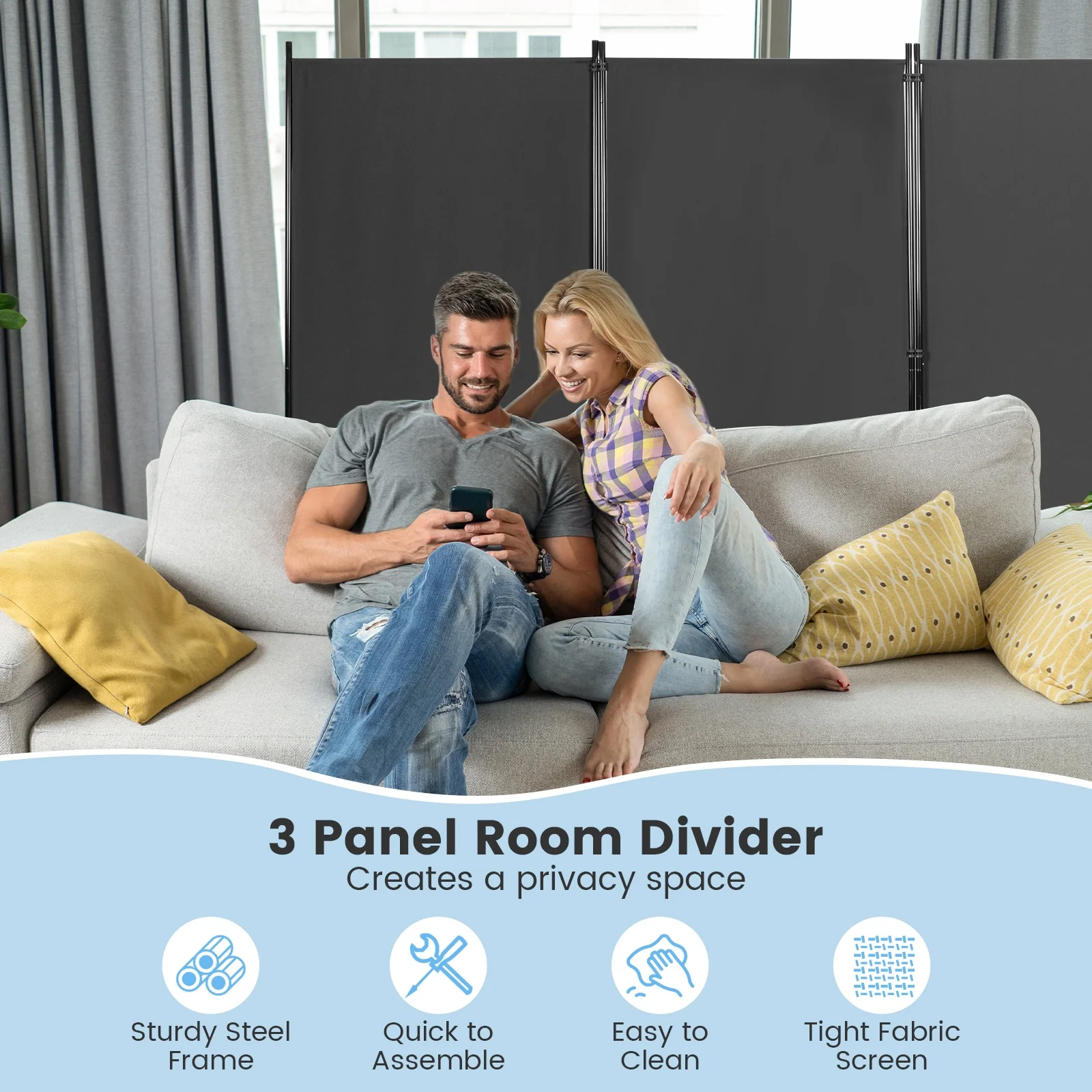 6 Feet 3 Panel Room Divider, Durable Hinges Steel Base, Gray - Image 7