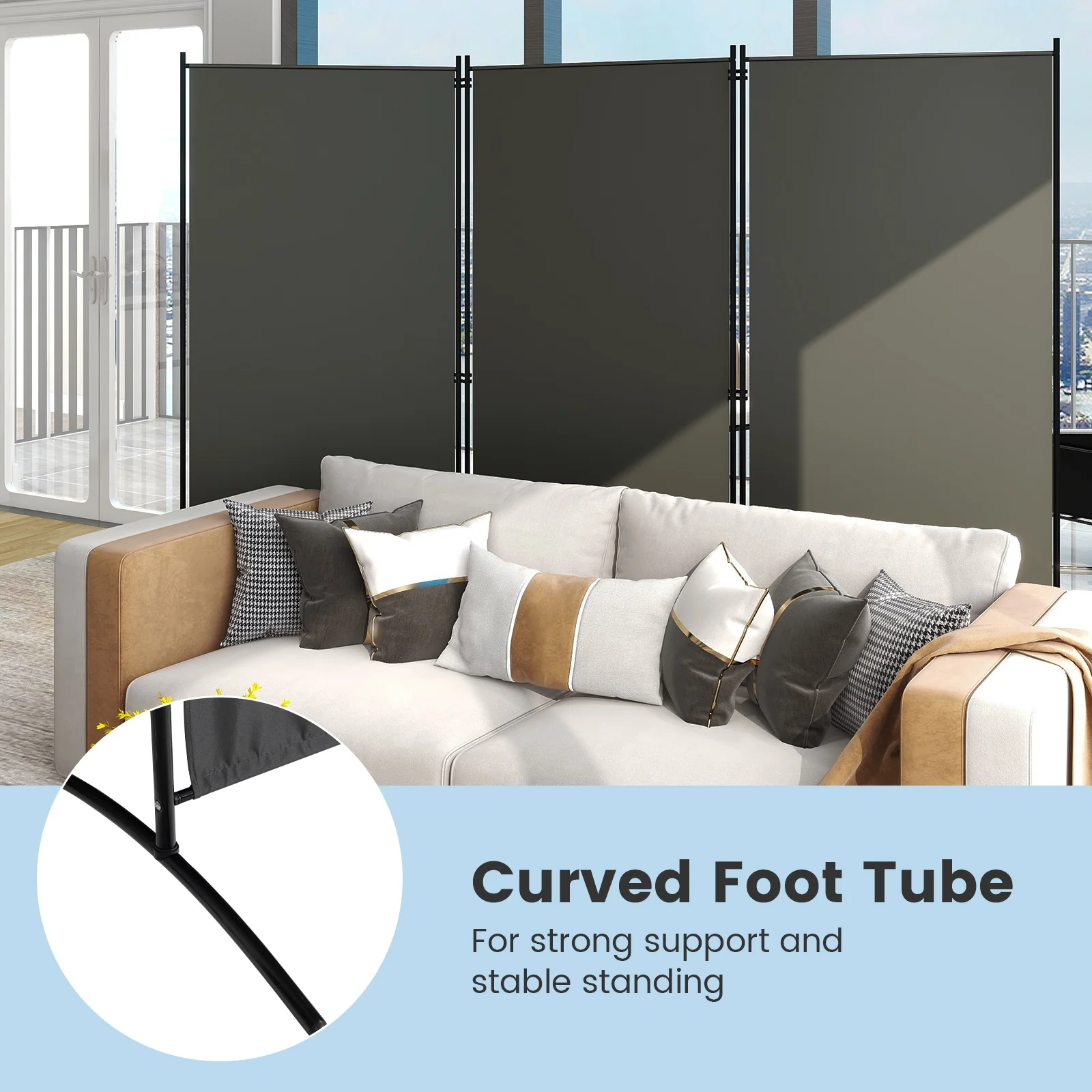 6 Feet 3 Panel Room Divider, Durable Hinges Steel Base, Gray - Image 8