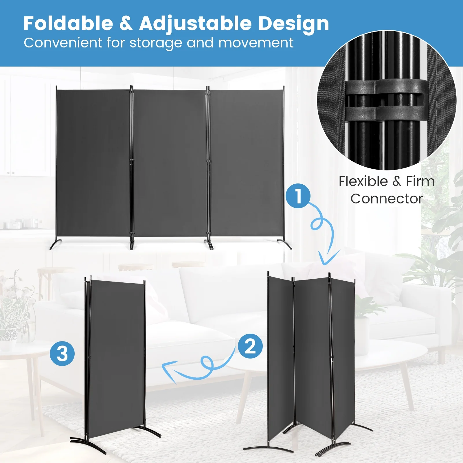 6 Feet 3 Panel Room Divider, Durable Hinges Steel Base, Gray - Image 9