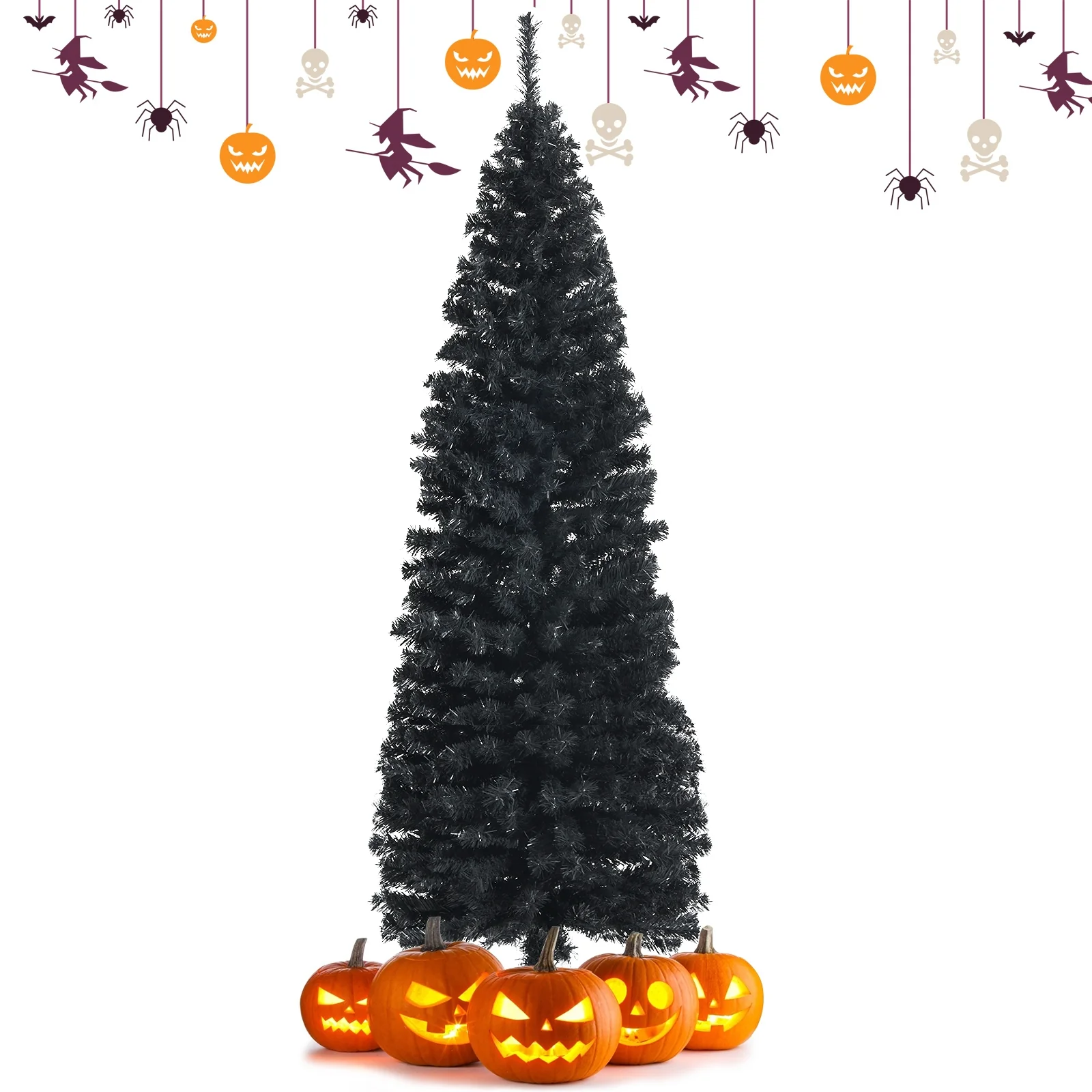 6 Feet Artificial Christmas Halloween Pencil Tree, Metal Stand, Black