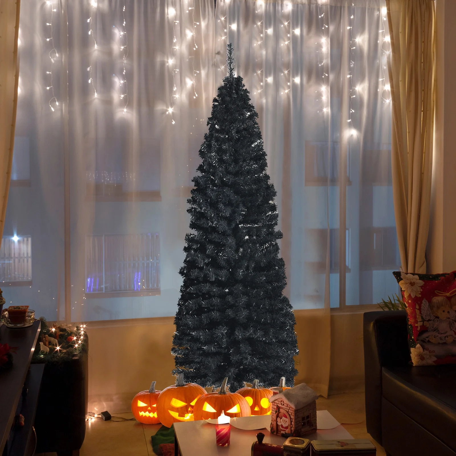 6 Feet Artificial Christmas Halloween Pencil Tree, Metal Stand, Black - Image 3