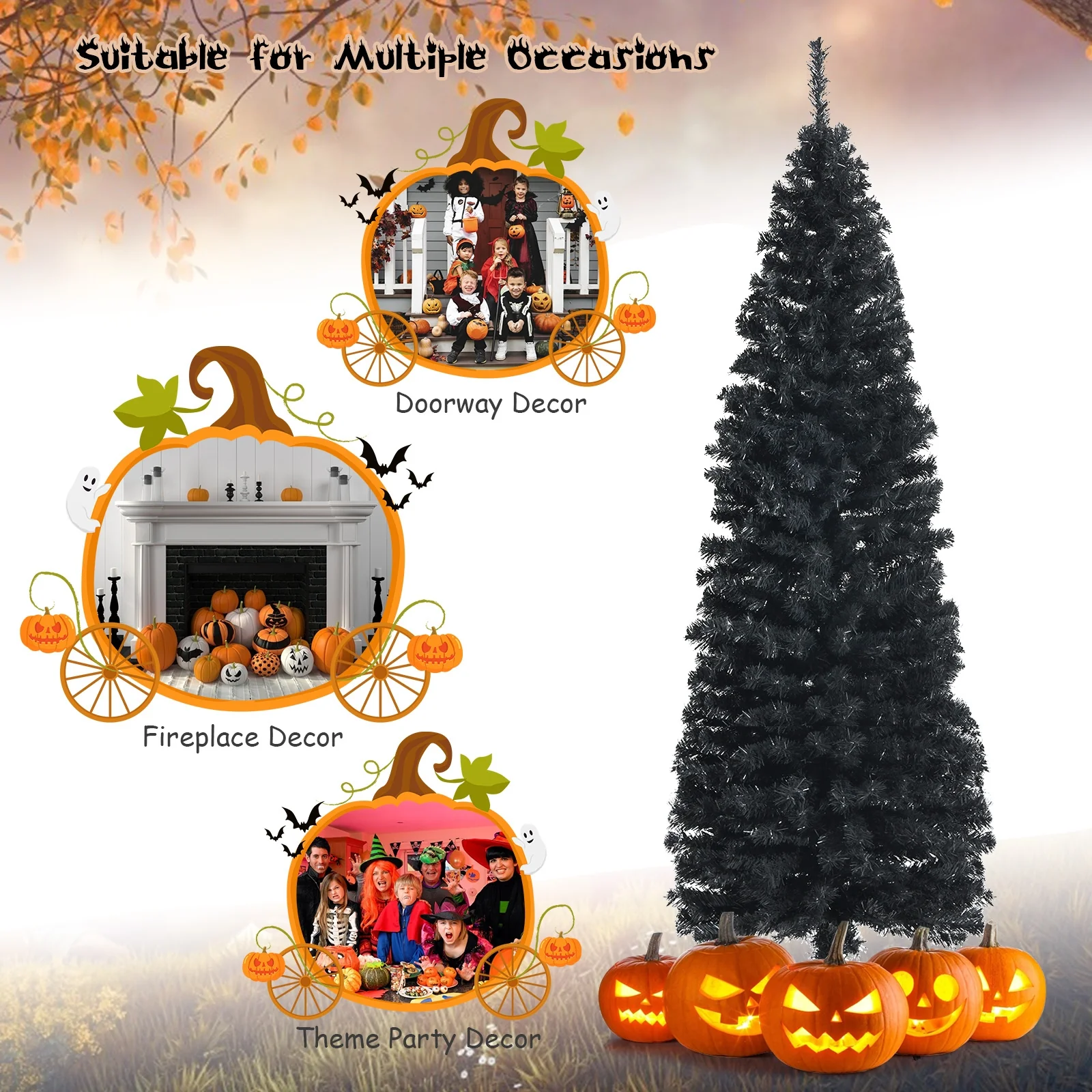 6 Feet Artificial Christmas Halloween Pencil Tree, Metal Stand, Black - Image 7