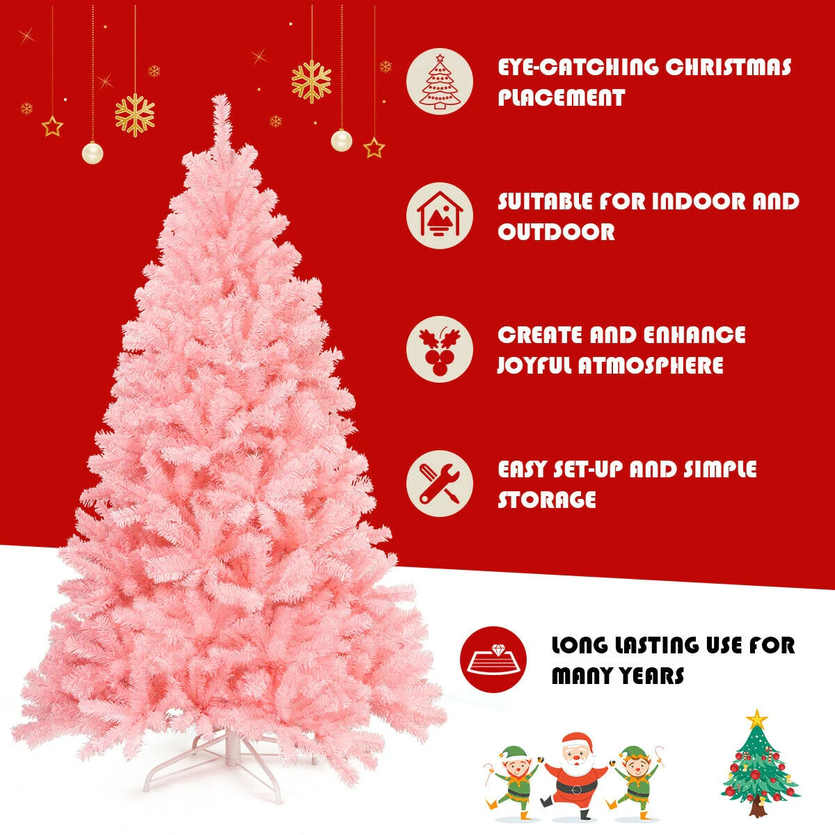 6 Feet Artificial Hinged Spruce Christmas Tree, Foldable Metal Stand, Pink - Image 10