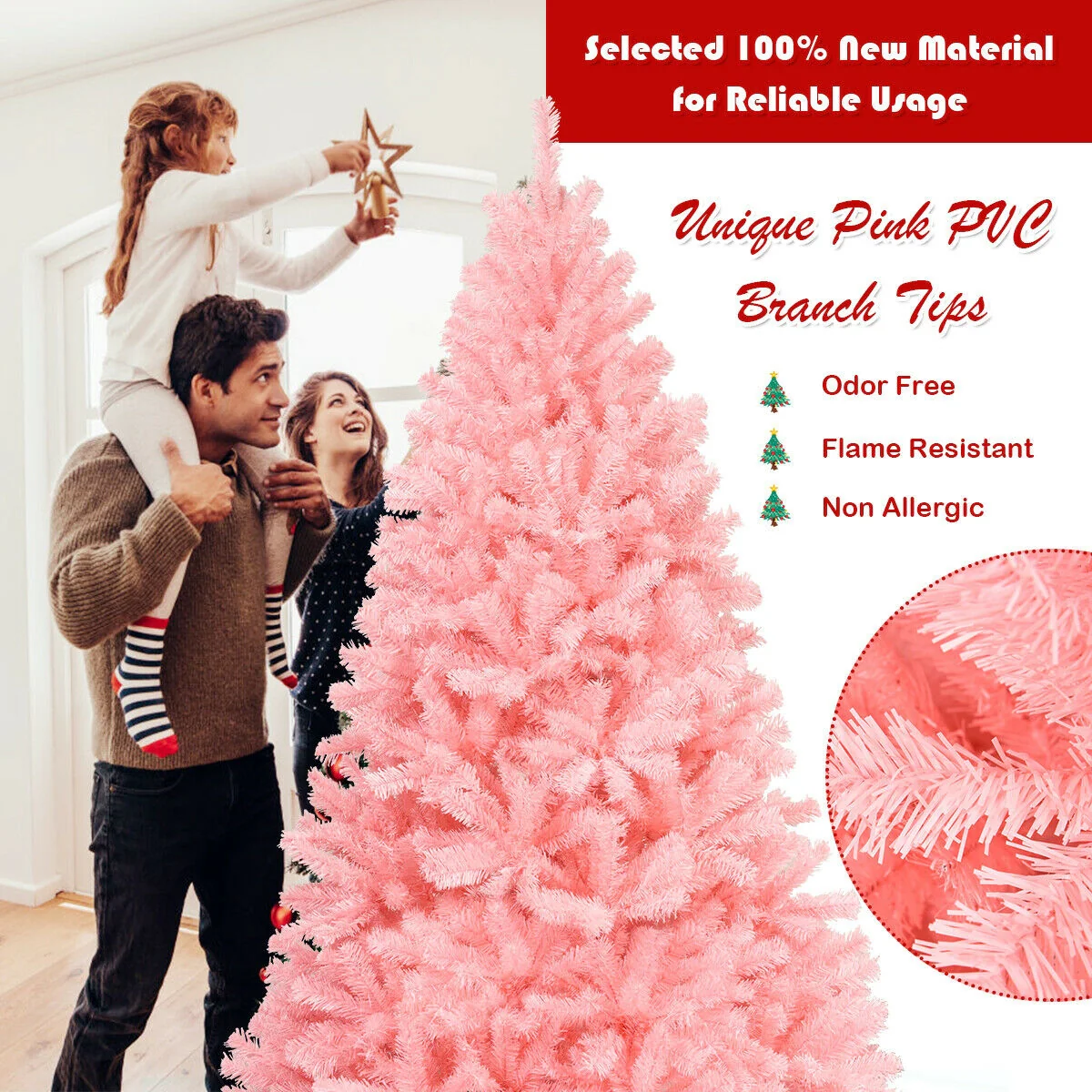 6 Feet Artificial Hinged Spruce Christmas Tree, Foldable Metal Stand, Pink - Image 3