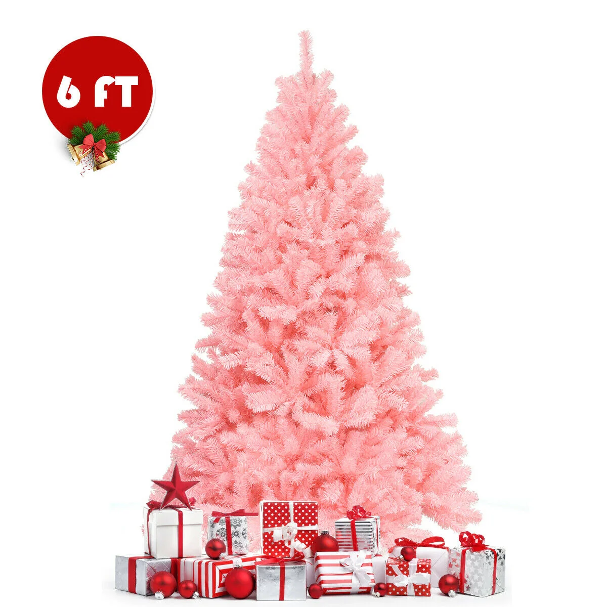 6 Feet Artificial Hinged Spruce Christmas Tree, Foldable Metal Stand, Pink - Image 8