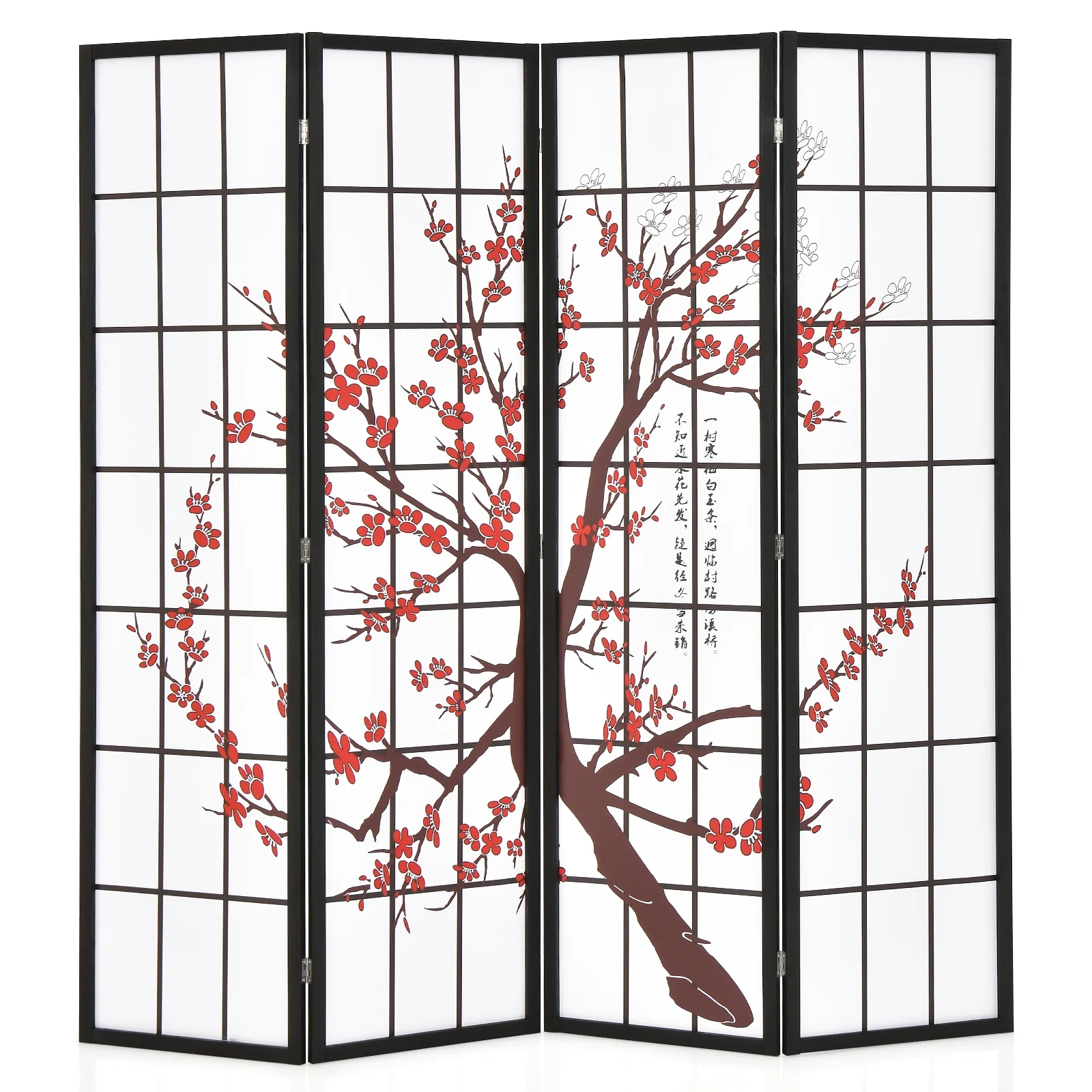 6 Feet Folding Privacy Screen, Plum Blossom Design, White - Image 5
