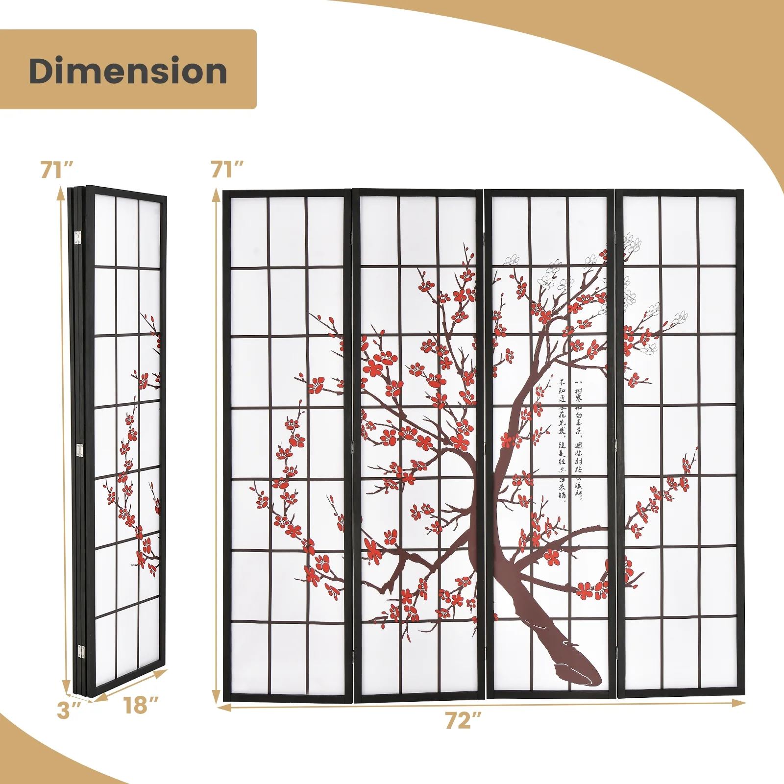 6 Feet Folding Privacy Screen, Plum Blossom Design, White - Image 6