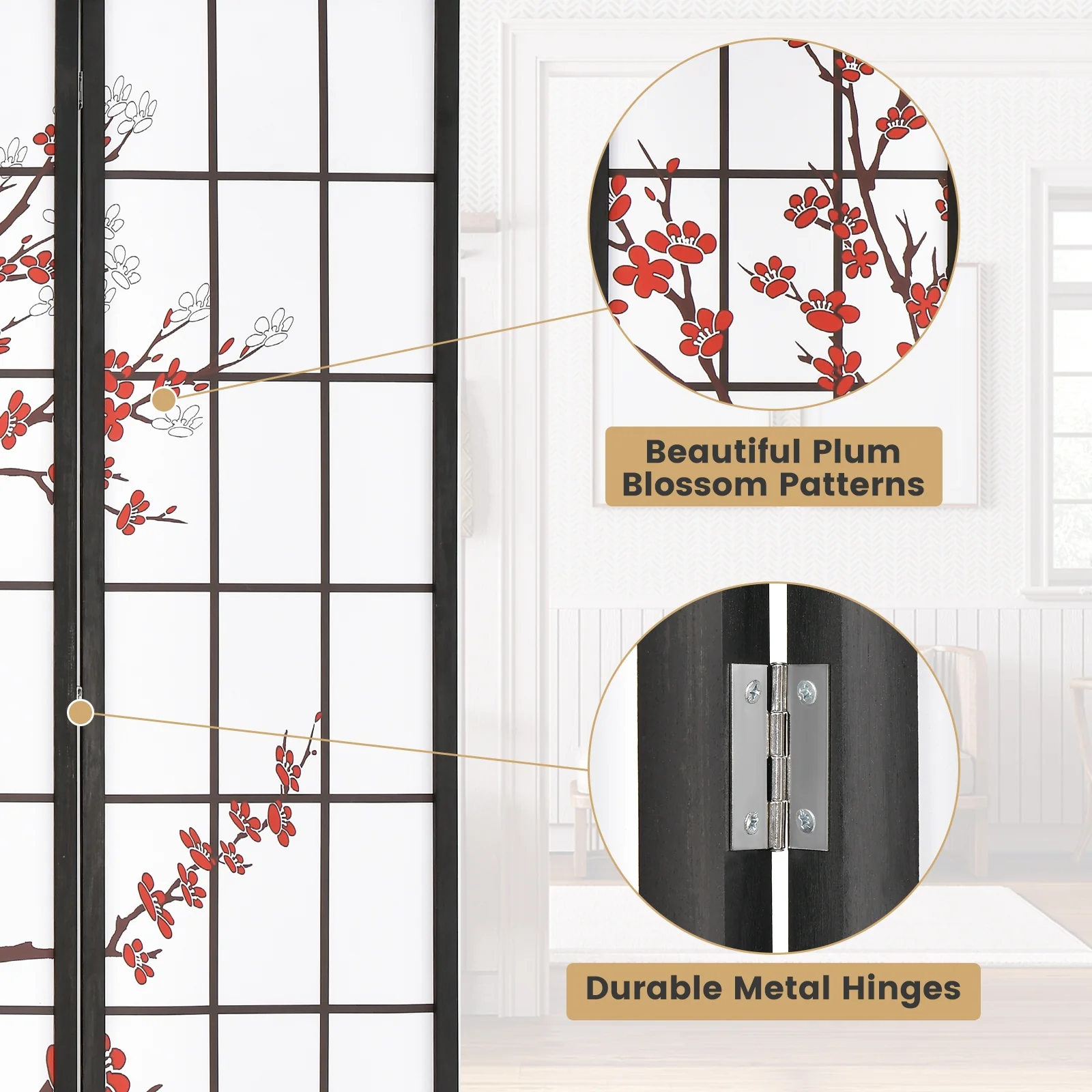 6 Feet Folding Privacy Screen, Plum Blossom Design, White - Image 9
