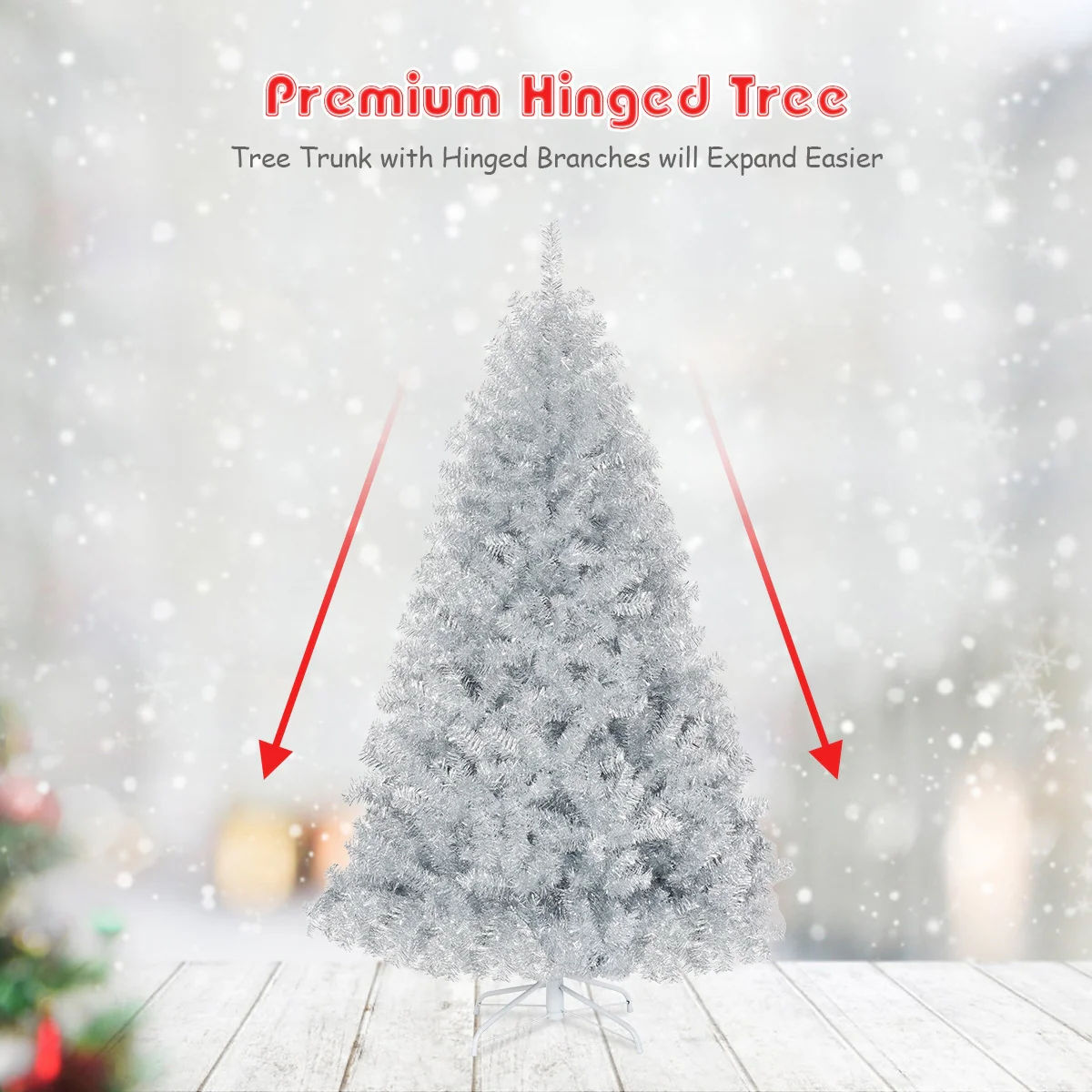 6 Feet Hinged Artificial Silver Tinsel Christmas Tree, Metal Stand - Image 10