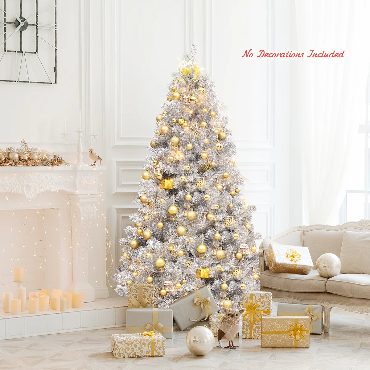 6 Feet Hinged Artificial Silver Tinsel Christmas Tree, Metal Stand - Image 8