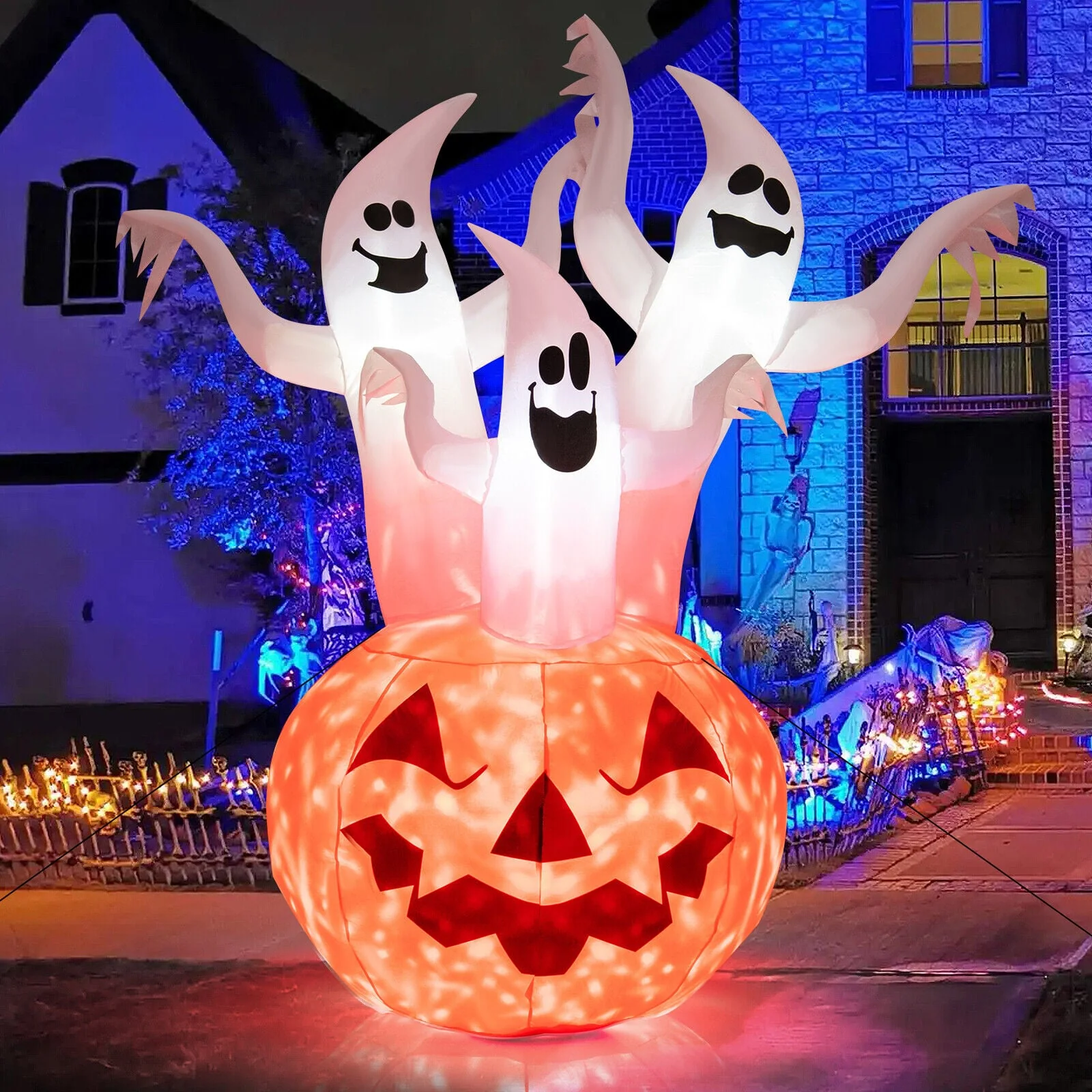 6 Feet Inflatable Halloween Ghosts, Pumpkin Decor, Rotating Lamp, Multicolor - Image 3