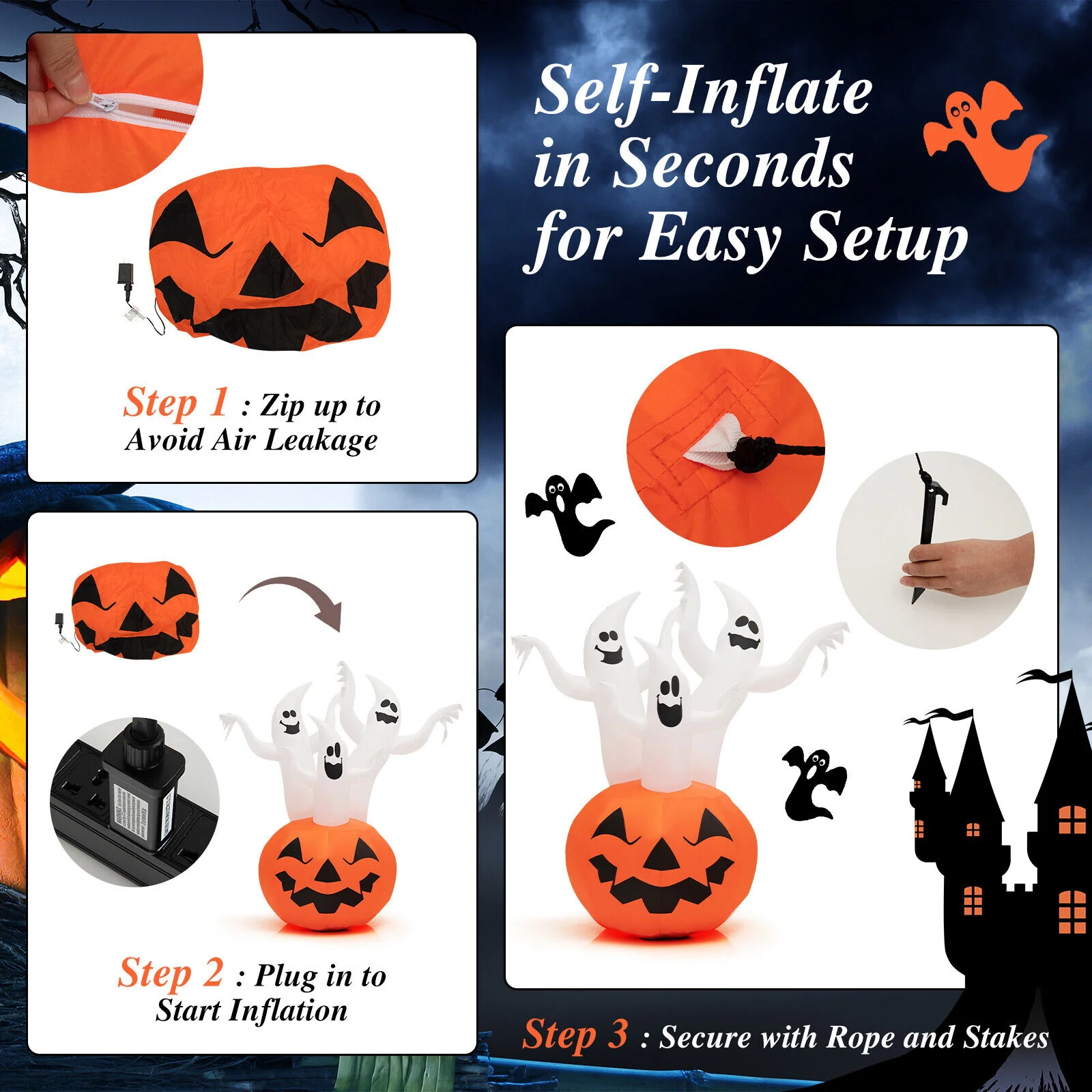6 Feet Inflatable Halloween Ghosts, Pumpkin Decor, Rotating Lamp, Multicolor - Image 9