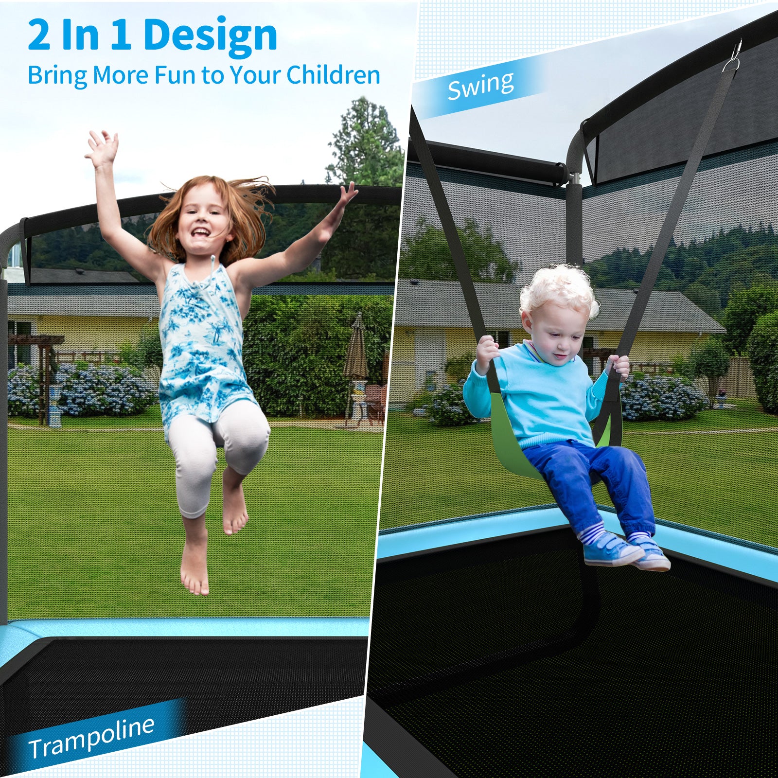 6 Feet Kids Trampoline With Swing Safety Fence, Blue - Image 10