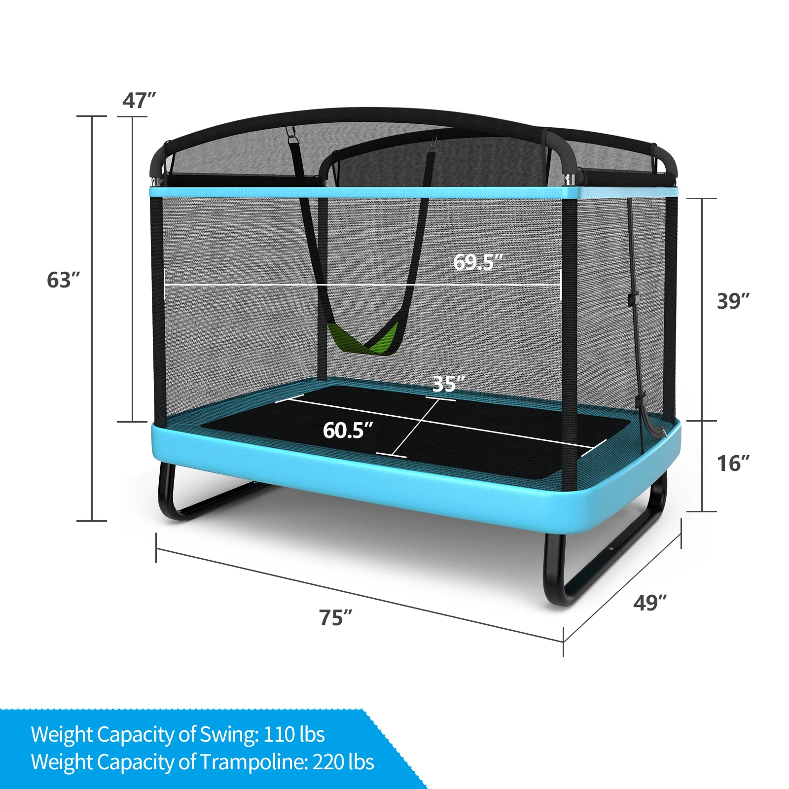 6 Feet Kids Trampoline With Swing Safety Fence, Blue - Image 5