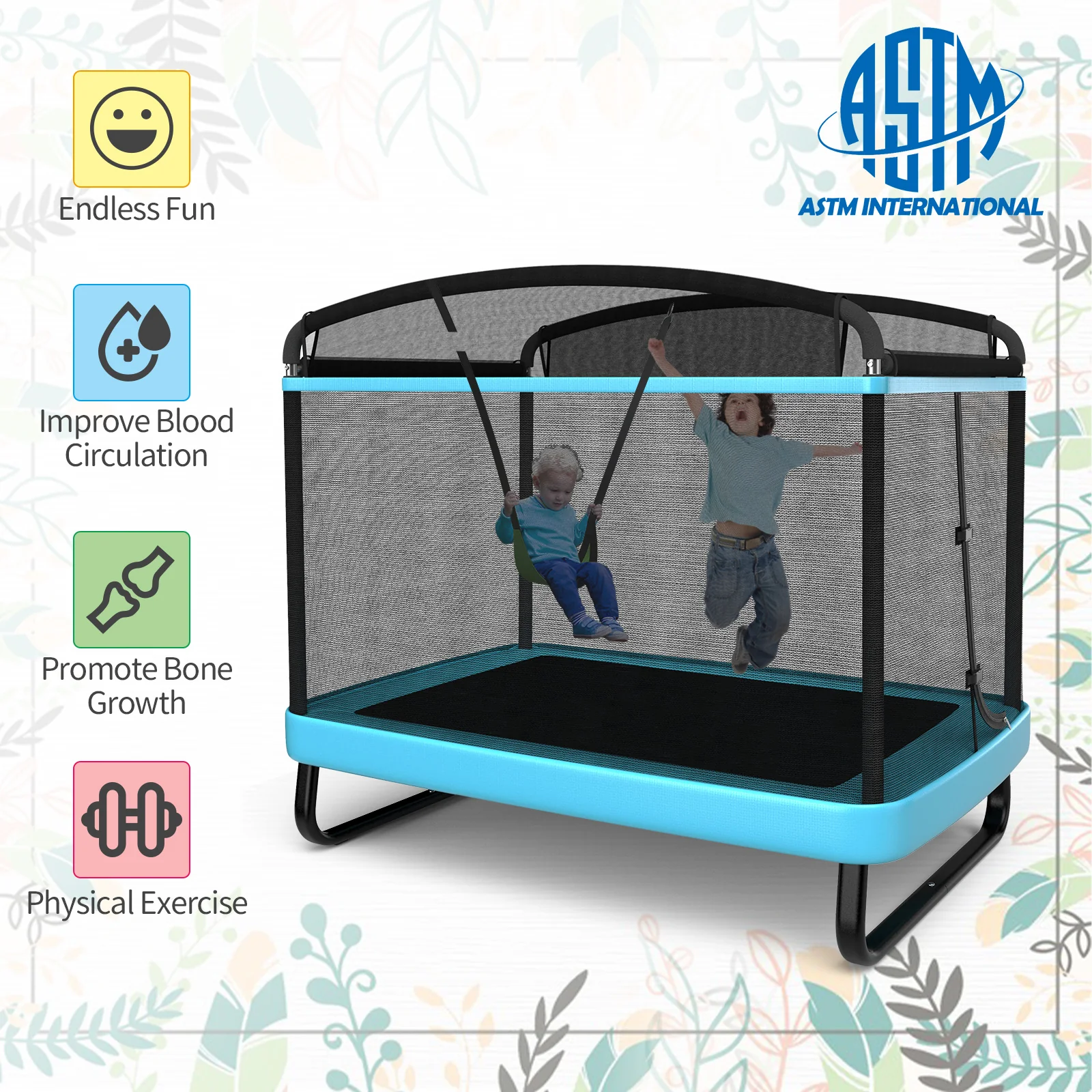 6 Feet Kids Trampoline With Swing Safety Fence, Blue - Image 8