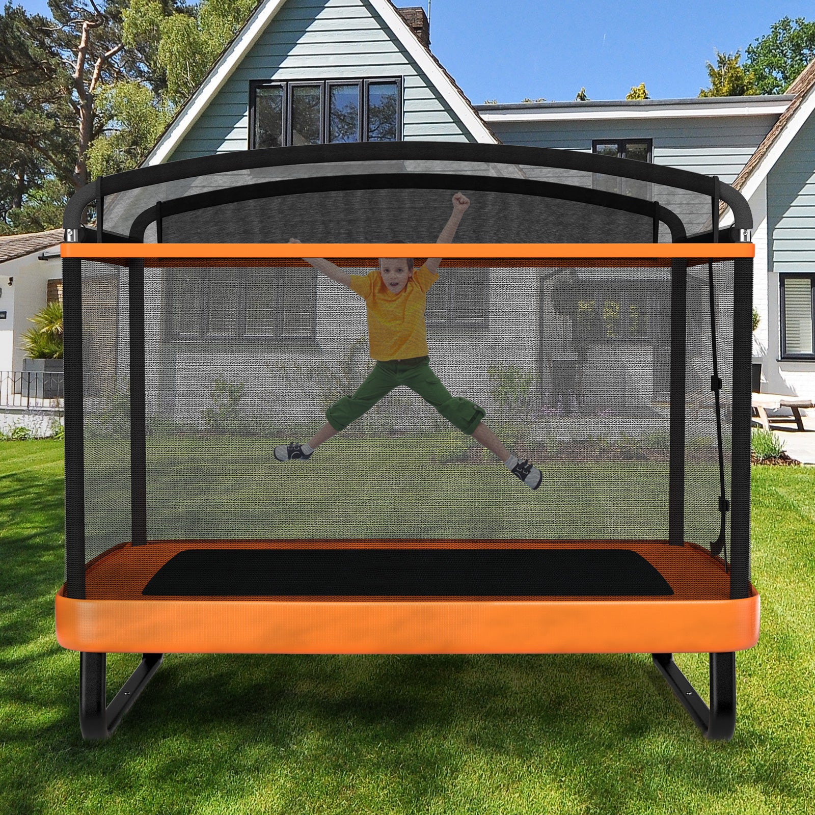 6 Feet Kids Trampoline With Swing Safety Fence, Orange - Image 2