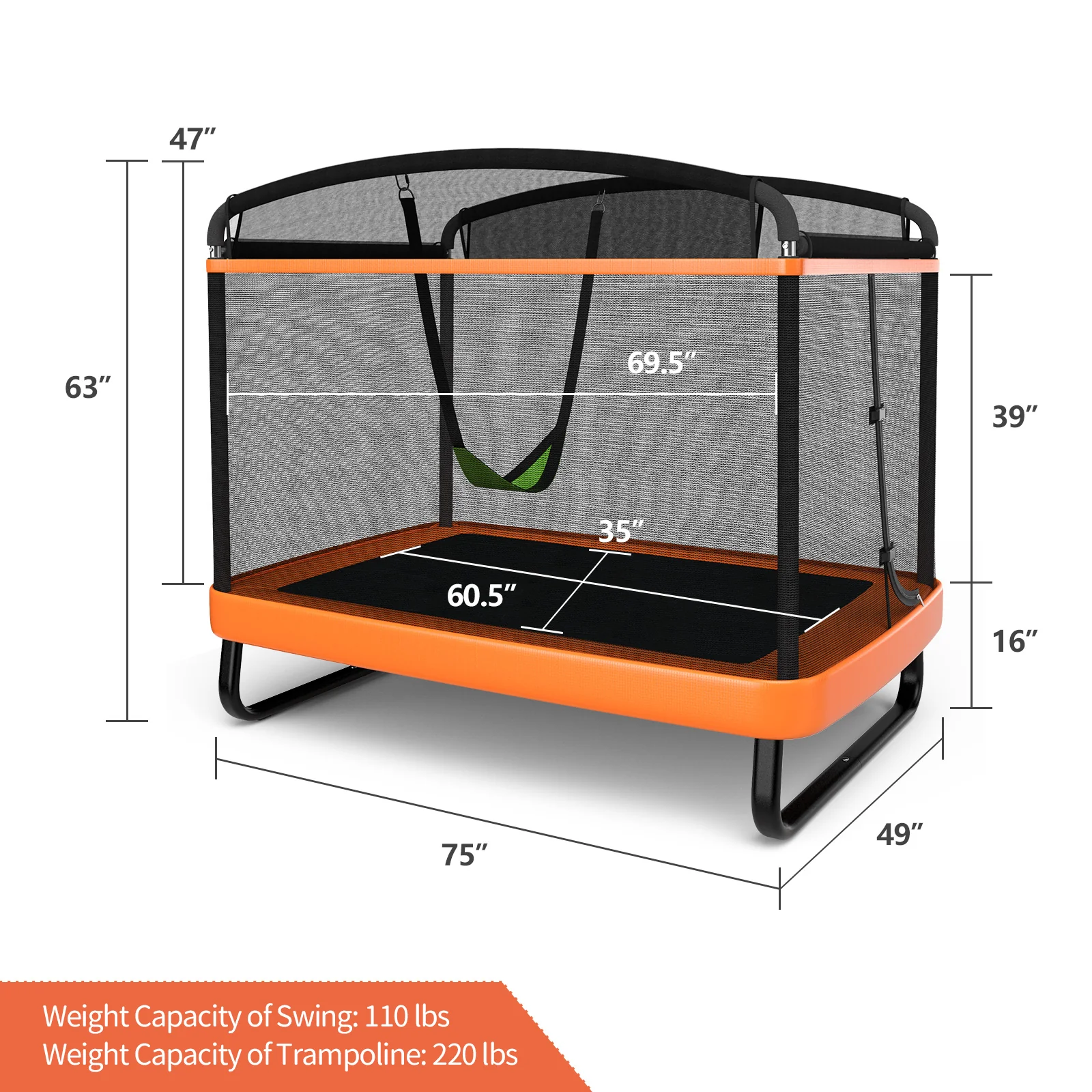 6 Feet Kids Trampoline With Swing Safety Fence, Orange - Image 5