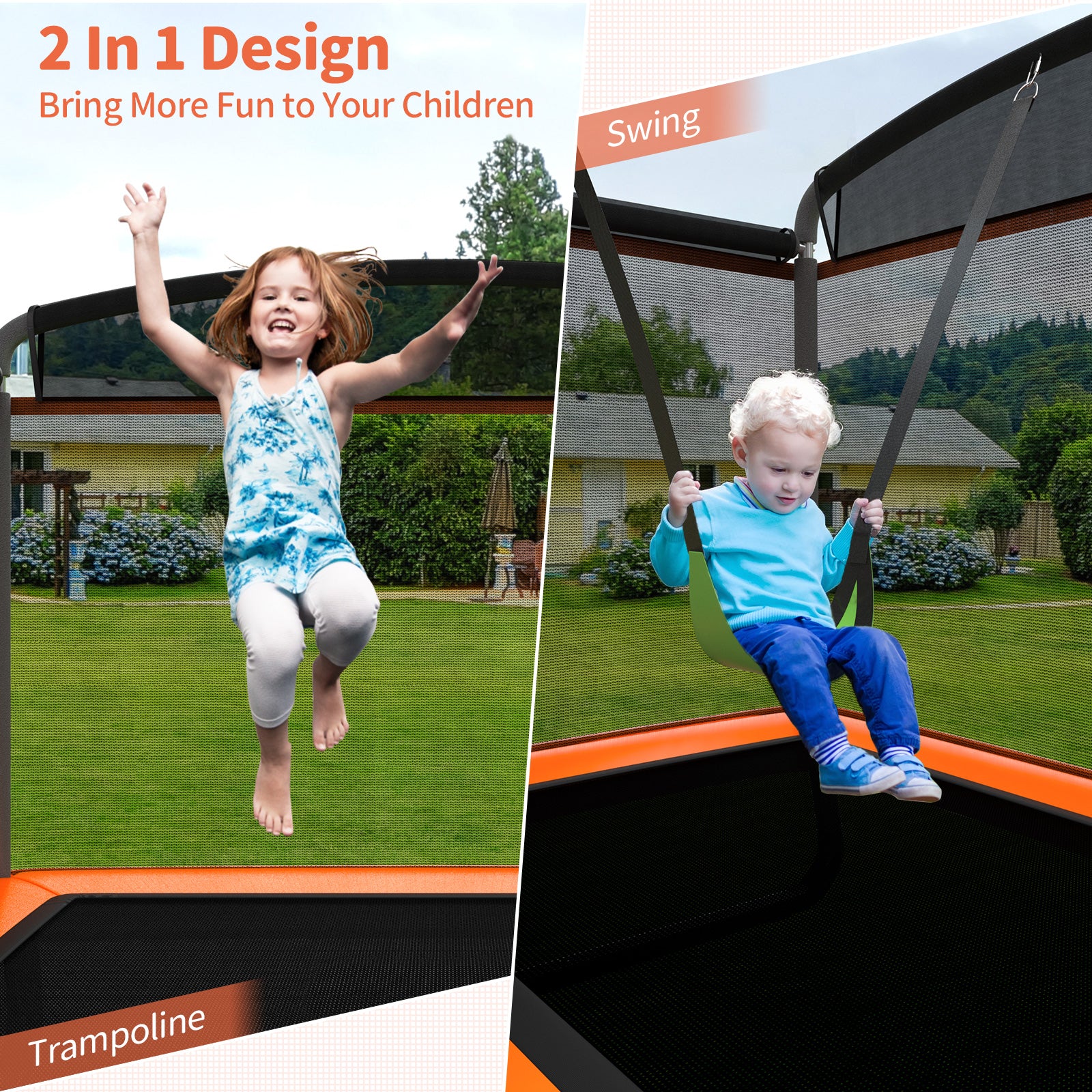 6 Feet Kids Trampoline With Swing Safety Fence, Orange - Image 7