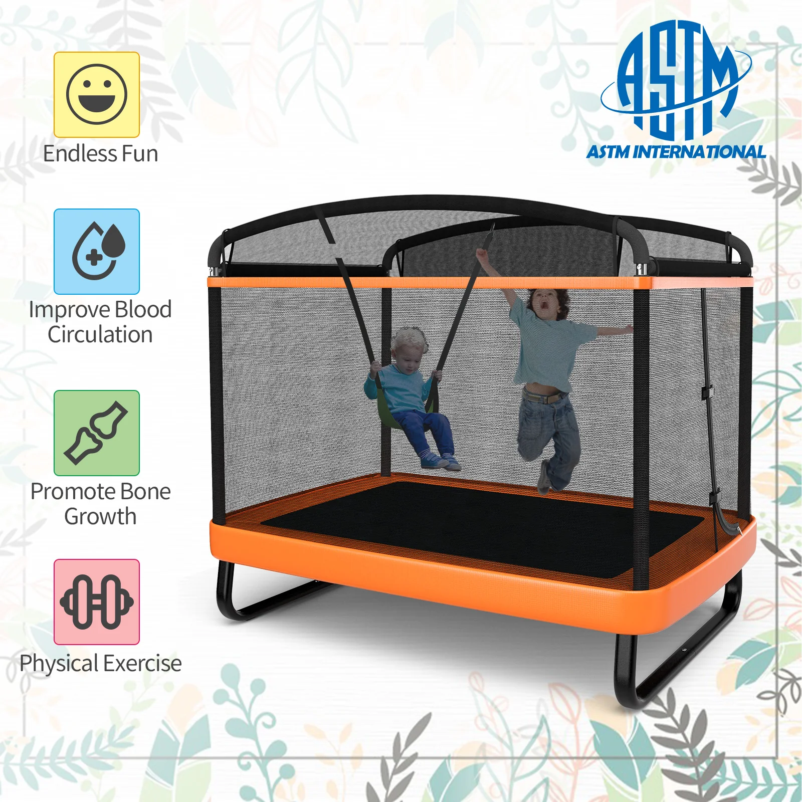 6 Feet Kids Trampoline With Swing Safety Fence, Orange - Image 9