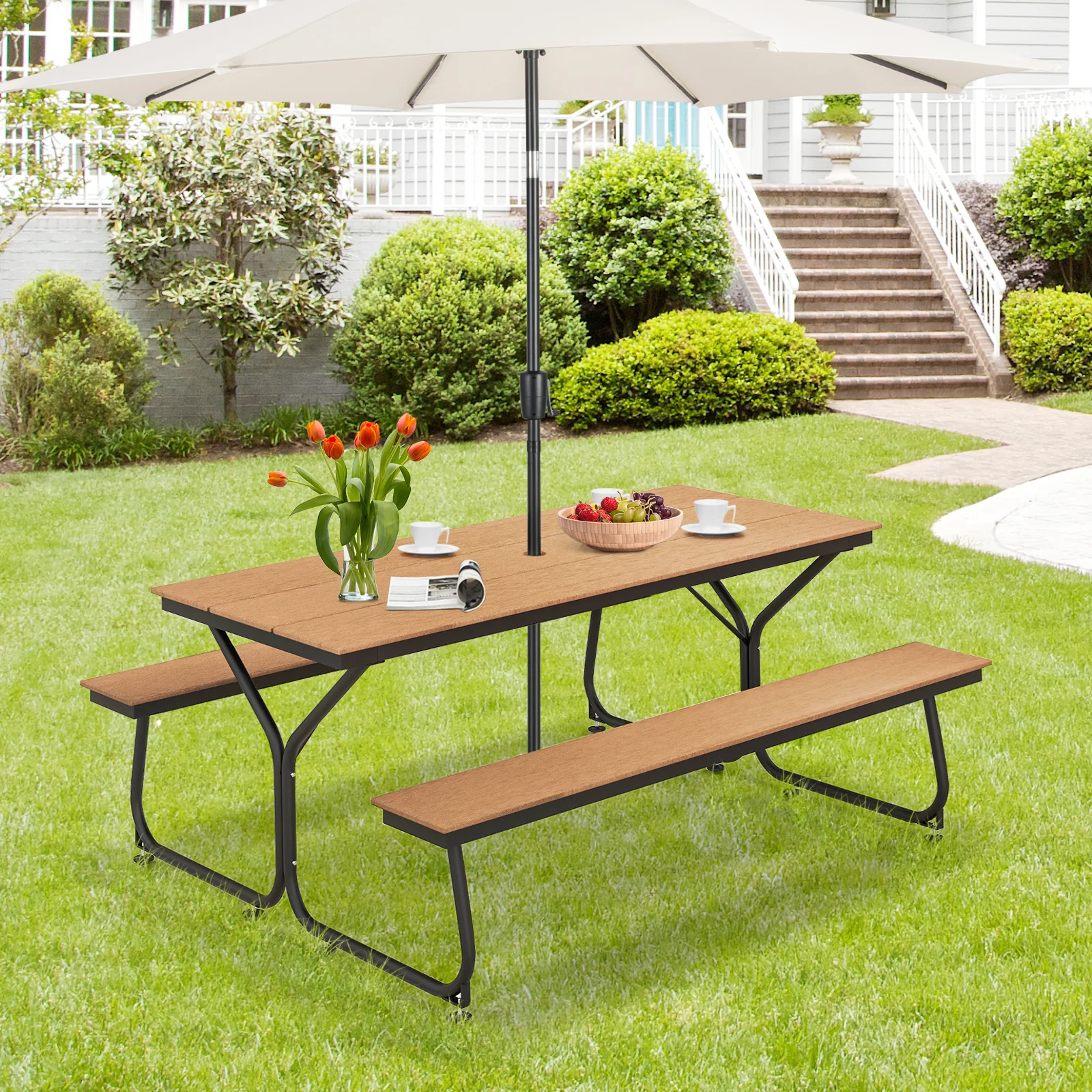 6 Feet Outdoor Picnic Table Bench Set, For 6-8 People, Brown - Image 2