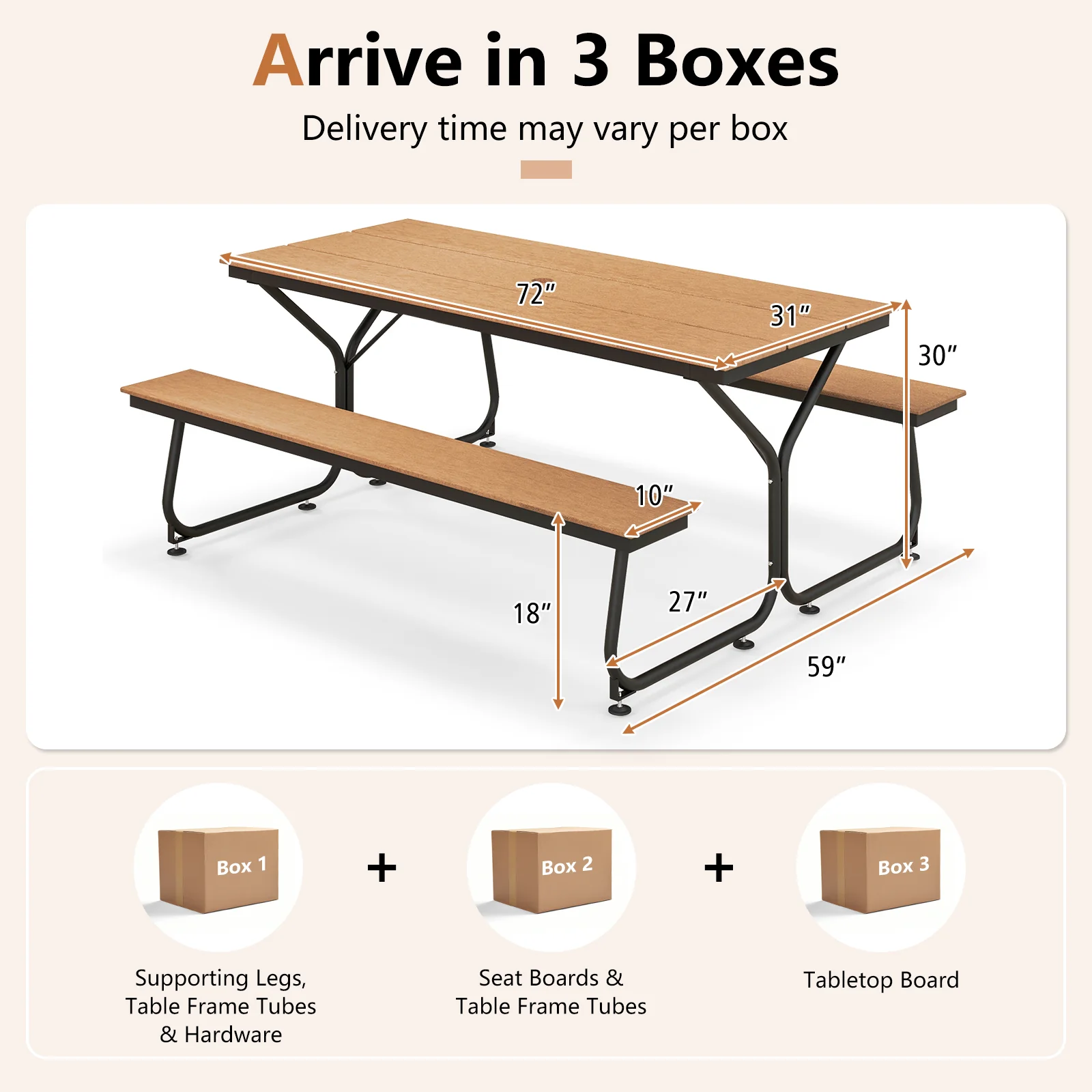 6 Feet Outdoor Picnic Table Bench Set, For 6-8 People, Brown - Image 5