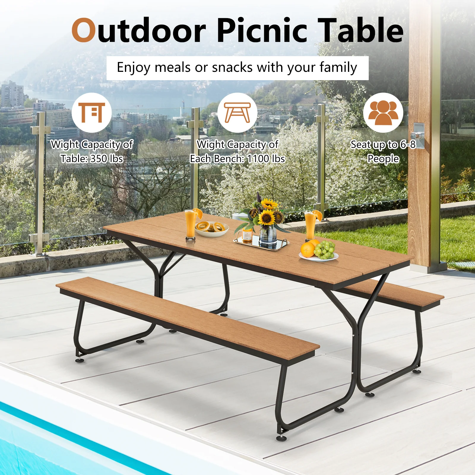 6 Feet Outdoor Picnic Table Bench Set, For 6-8 People, Brown - Image 6