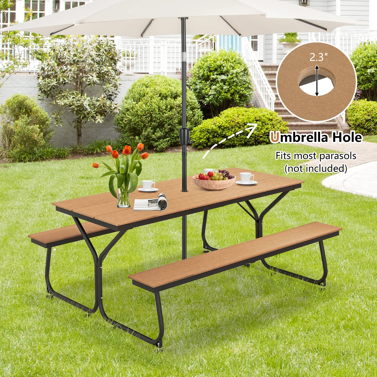 6 Feet Outdoor Picnic Table Bench Set, For 6-8 People, Brown - Image 7