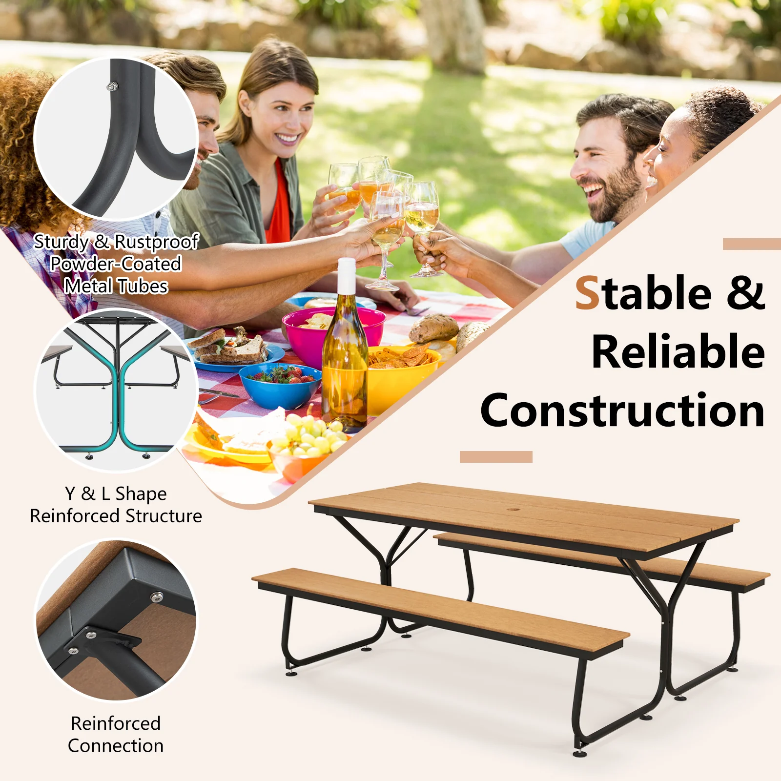 6 Feet Outdoor Picnic Table Bench Set, For 6-8 People, Brown - Image 9