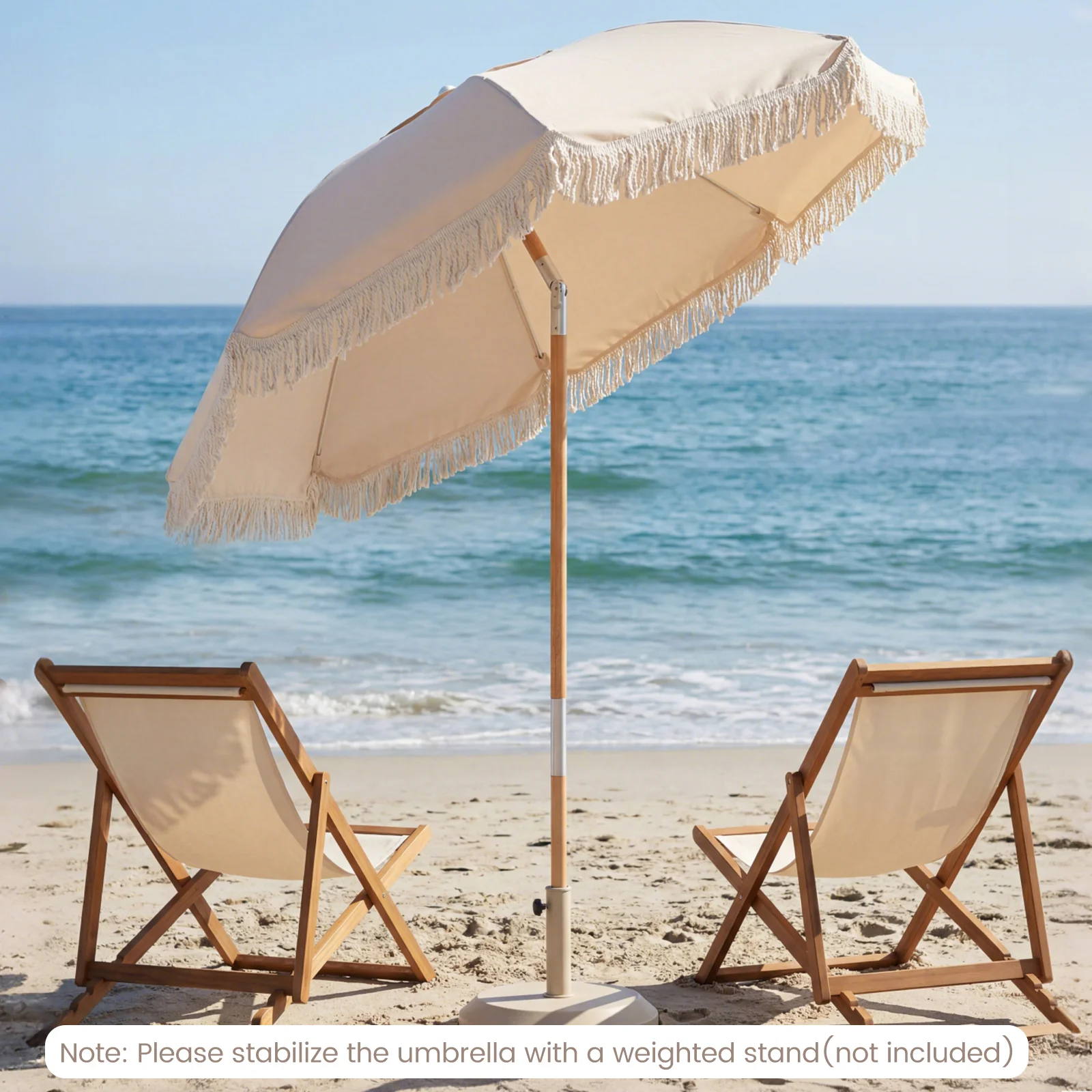 6 Feet Patio Umbrella, Push Button Tilt, Wood Pole, Off-White - Image 2