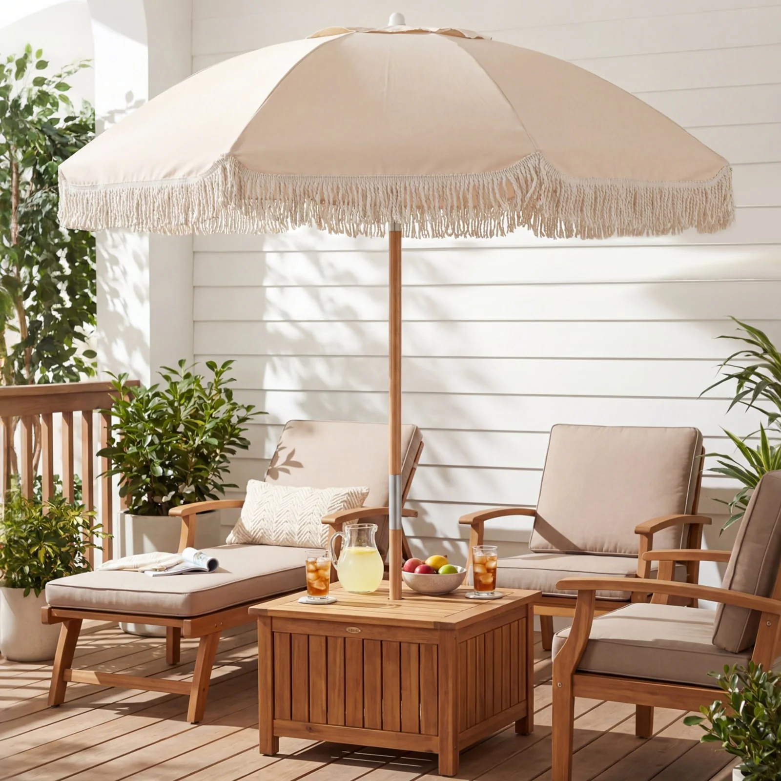 6 Feet Patio Umbrella, Push Button Tilt, Wood Pole, Off-White - Image 3