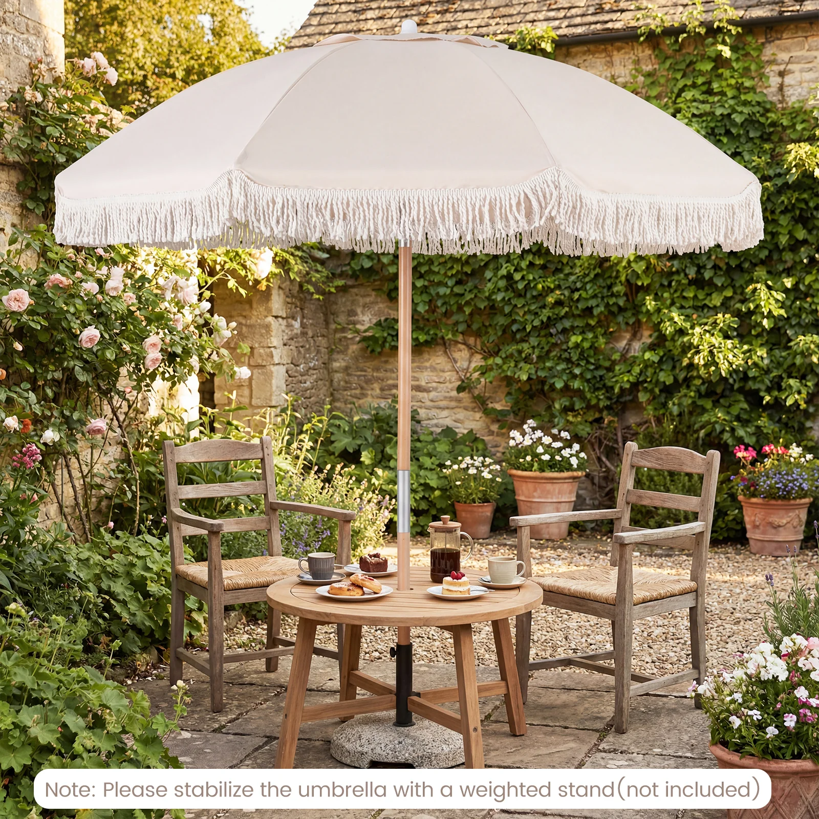 6 Feet Patio Umbrella, Push Button Tilt, Wood Pole, Off-White - Image 6