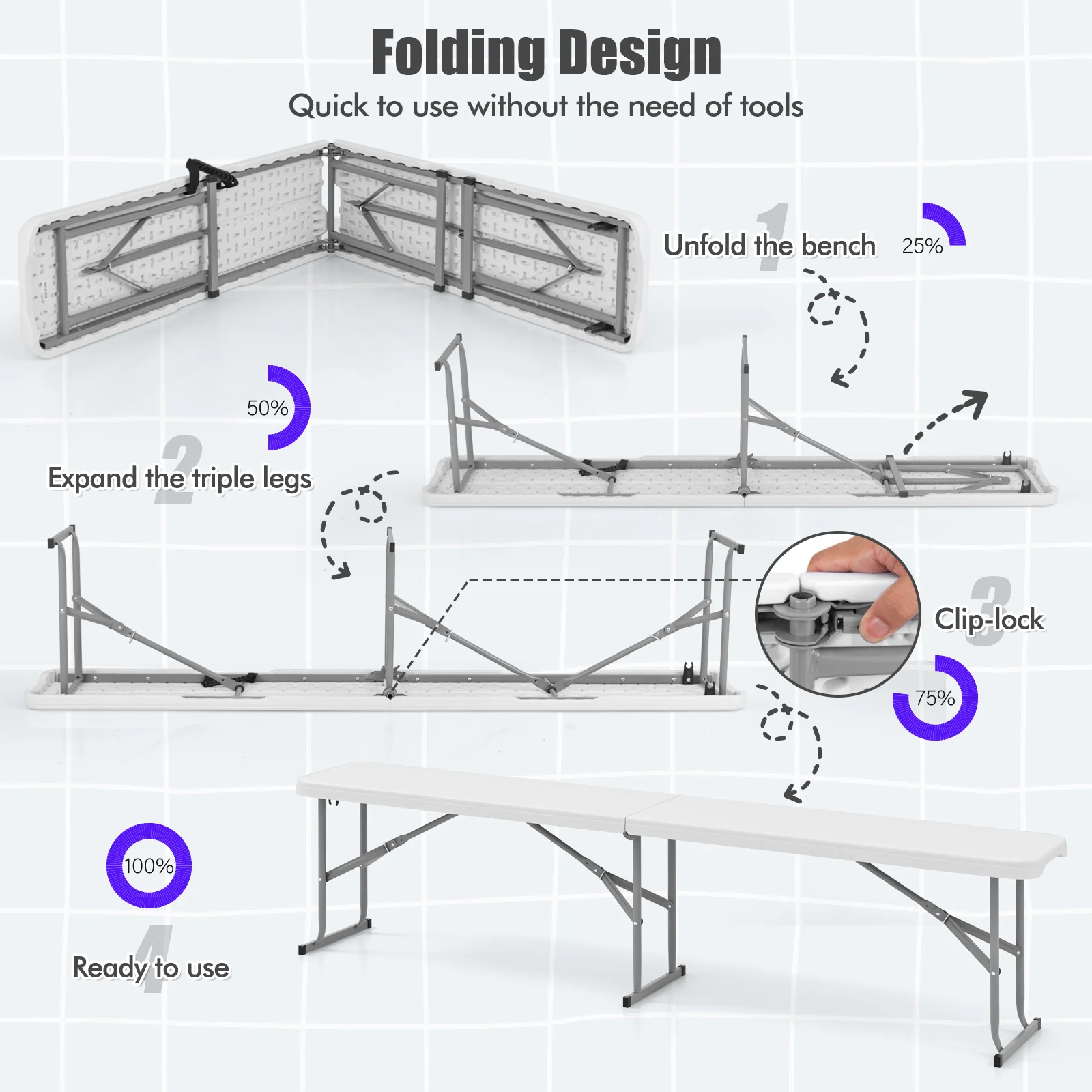 6 Feet Plastic Folding Bench, Picnic Camping Dining Seat, White - Image 7