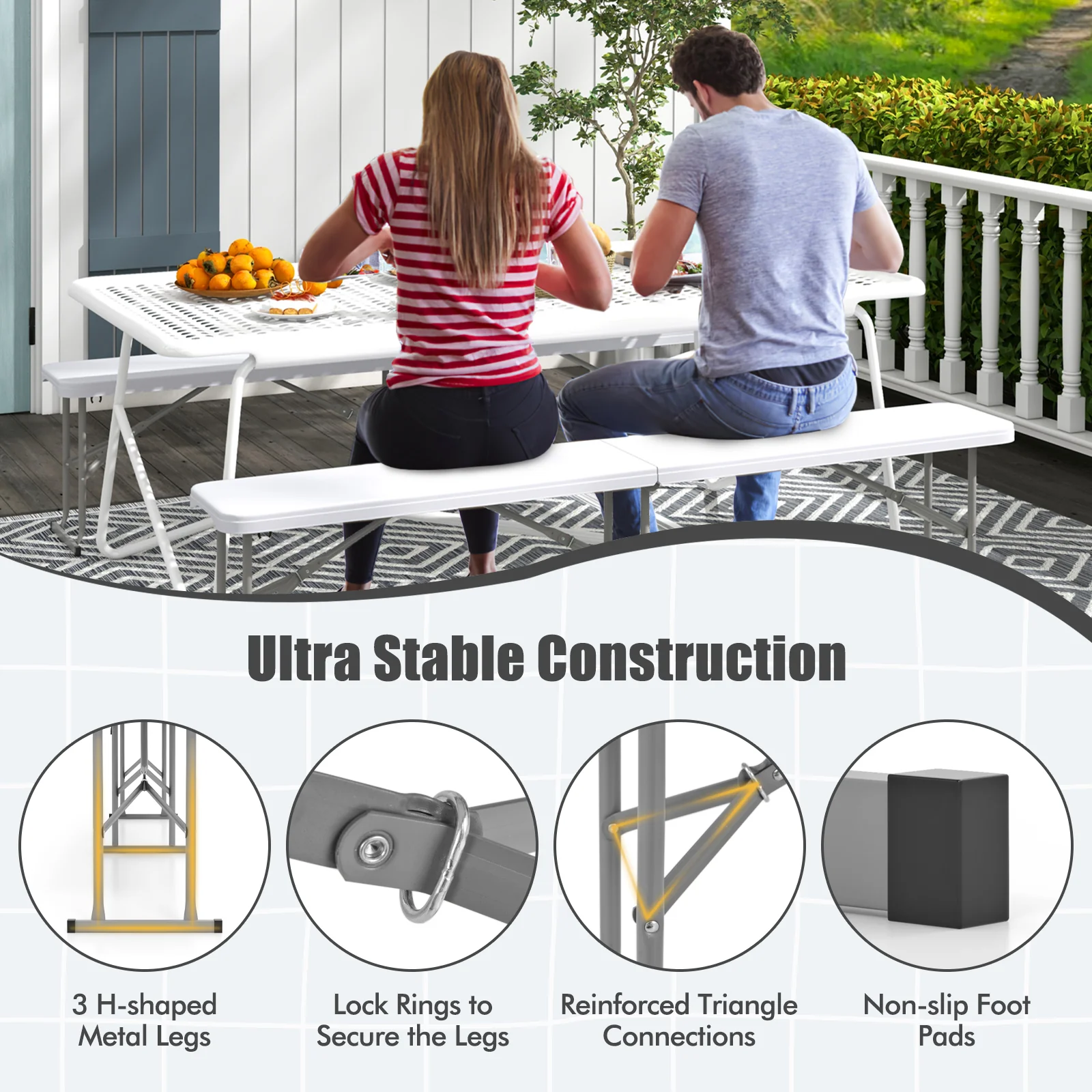 6 Feet Plastic Folding Bench, Picnic Camping Dining Seat, White - Image 8