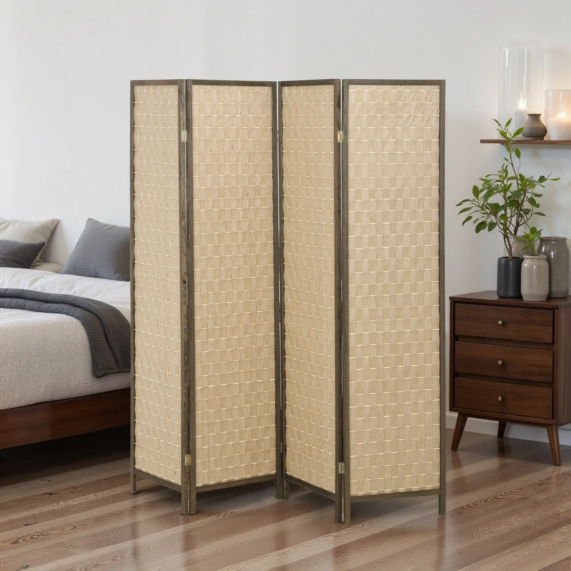 6 FT 4 Panel Folding Privacy Screen, Brown Room Divider, Brown - Image 2