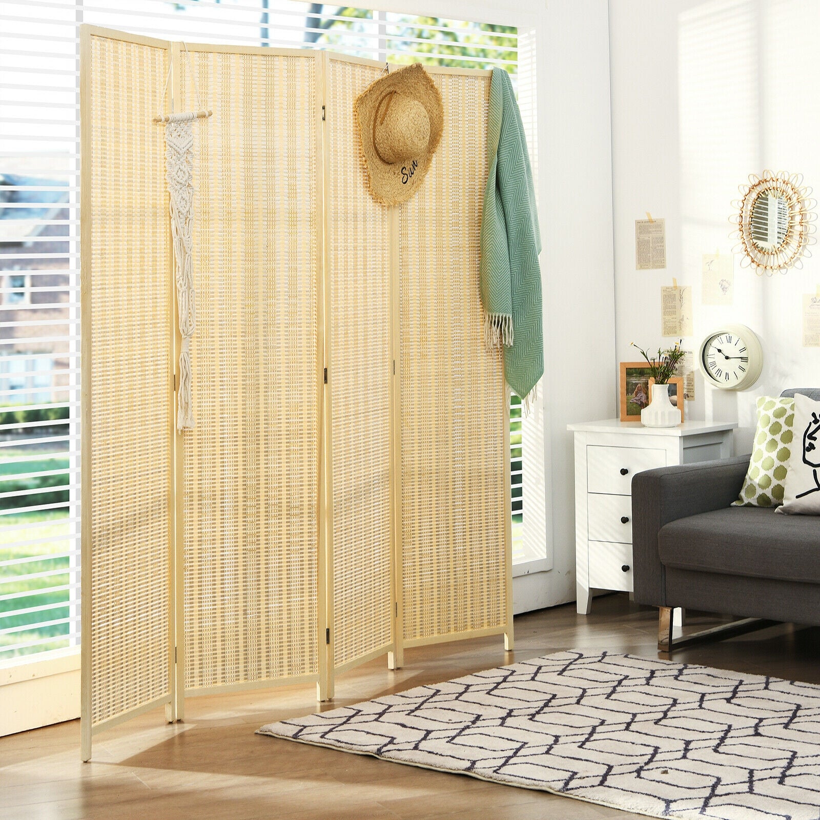 6 ft 4 Panel Portable Folding Room Divider Screen, Natural - Image 2